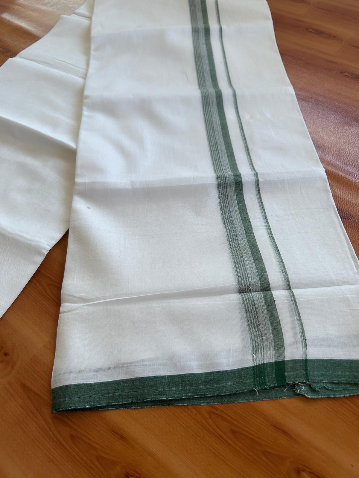 Double Pure White Mundu/Dhoti - 20% Discount !! KaithariKada 100% Cotton - (60S) - 1 inch Dark Green Shaded Striped Kara 3.75 mtr (8 muzham) - 9 KK5506 CKS