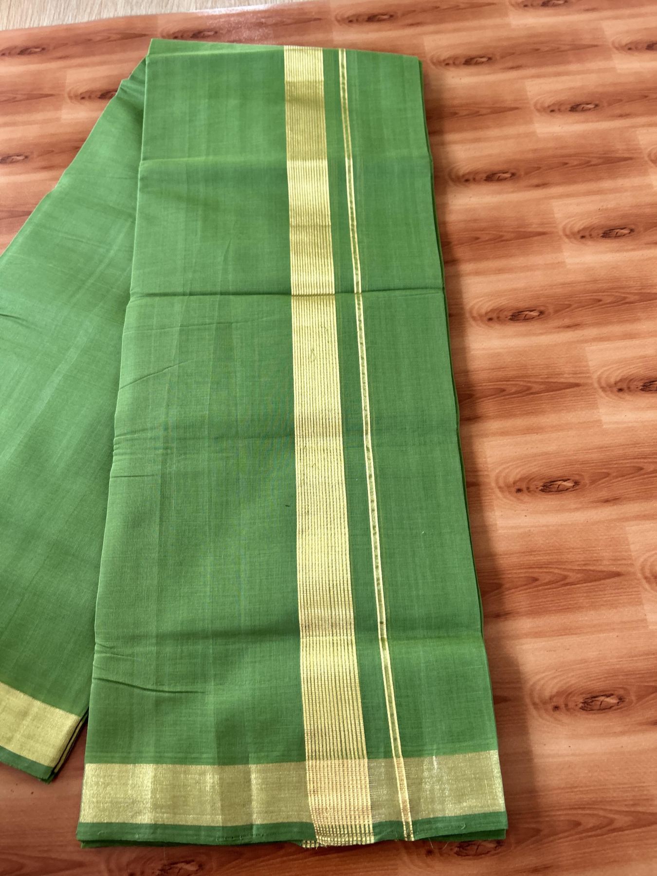 Double Mundu/Dhoti - KaithariKada Handloom Unakkupaav - 25% Discount! Kerala Handloom - Pure Cotton - 100x80 - Parrot Green Colour Body - 1.5 inch Gold Kasav Striped Kara - 2 KK5441 ABH
