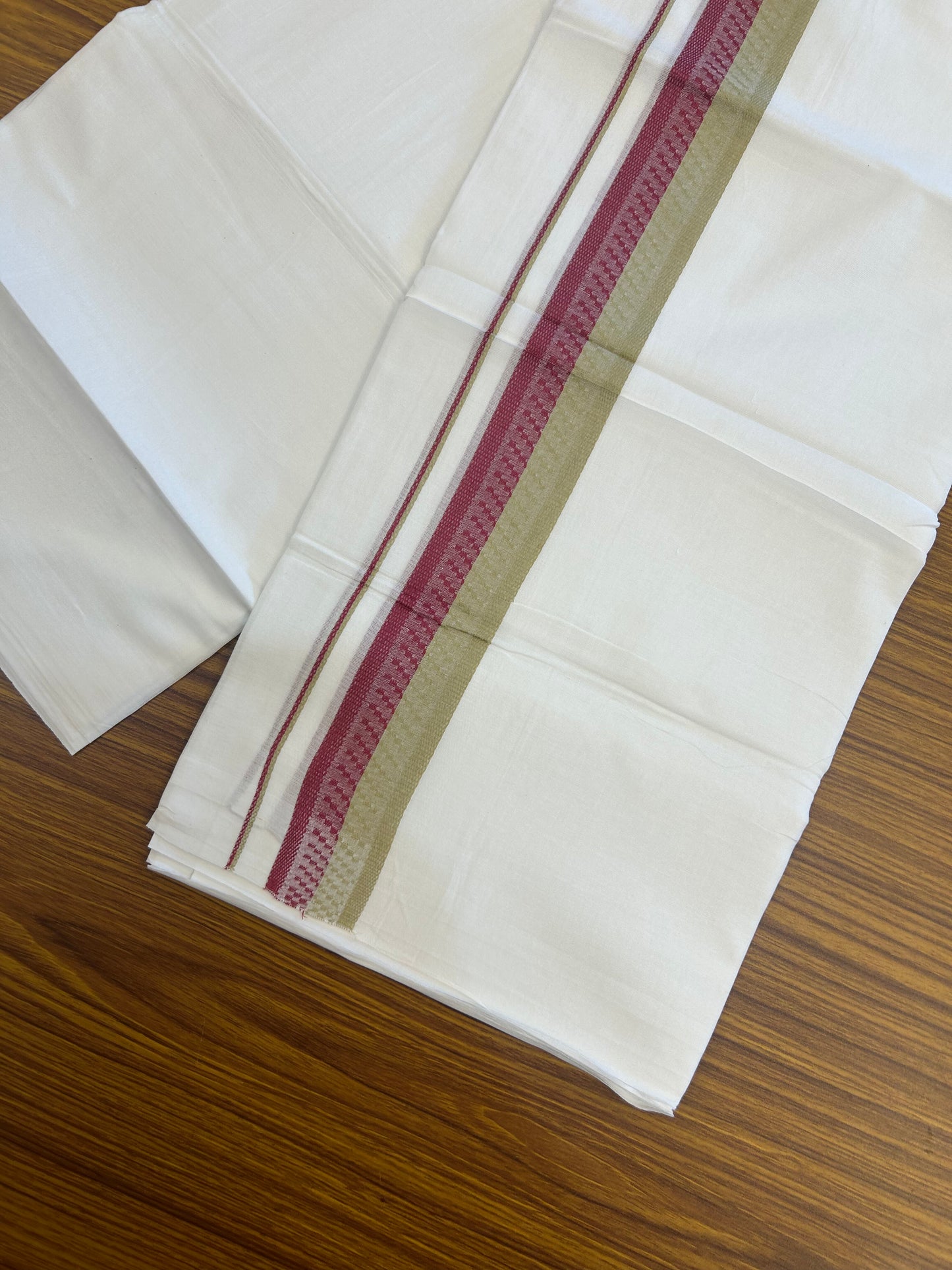 20% Discount ! Kaitharikada Balaramapuram 100% Cotton Pure White Double Mundu/Dothi - 100x80 - 1.5 inch Dark Rose & Khaki Design Kara 3.80 mtr (8 muzham) - 26 KK5359 THI