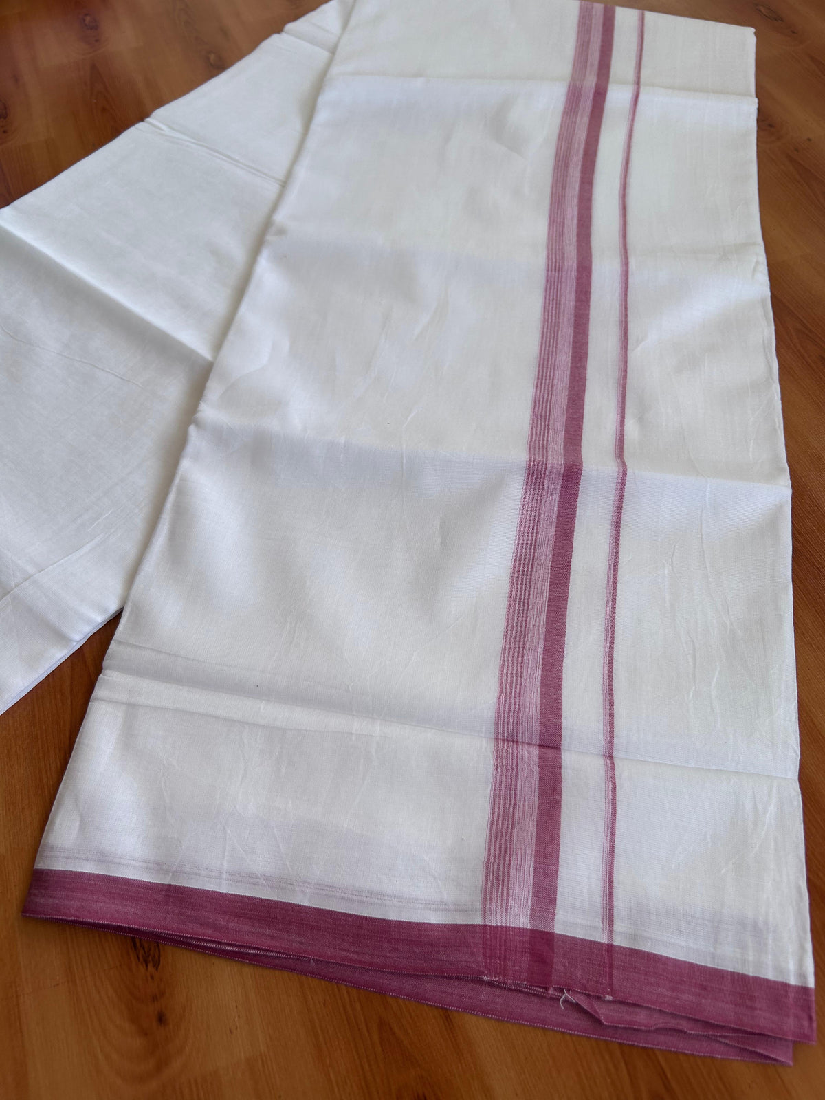 Double Pure White Mundu/Dhoti - 20% Discount !! KaithariKada 100% Cotton - (60S) - 1 inch Pink Peach Shaded Striped Kara 3.75 mtr (8 muzham) - 10 KK5506 CKS