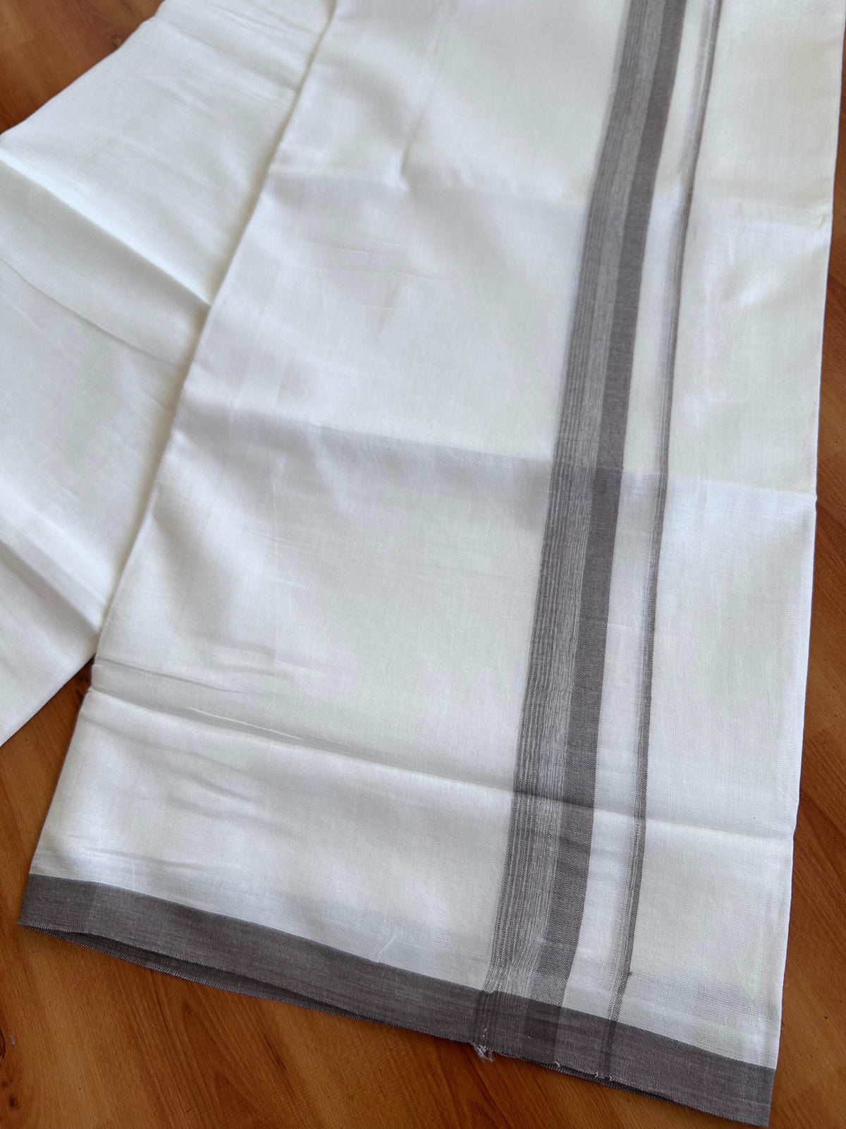 Double Pure White Mundu/Dhoti - 20% Discount !! KaithariKada 100% Cotton - (60S) - 1 inch Dim Grey Shaded Striped Kara 3.75 mtr (8 muzham) - 11 KK5506 CKS