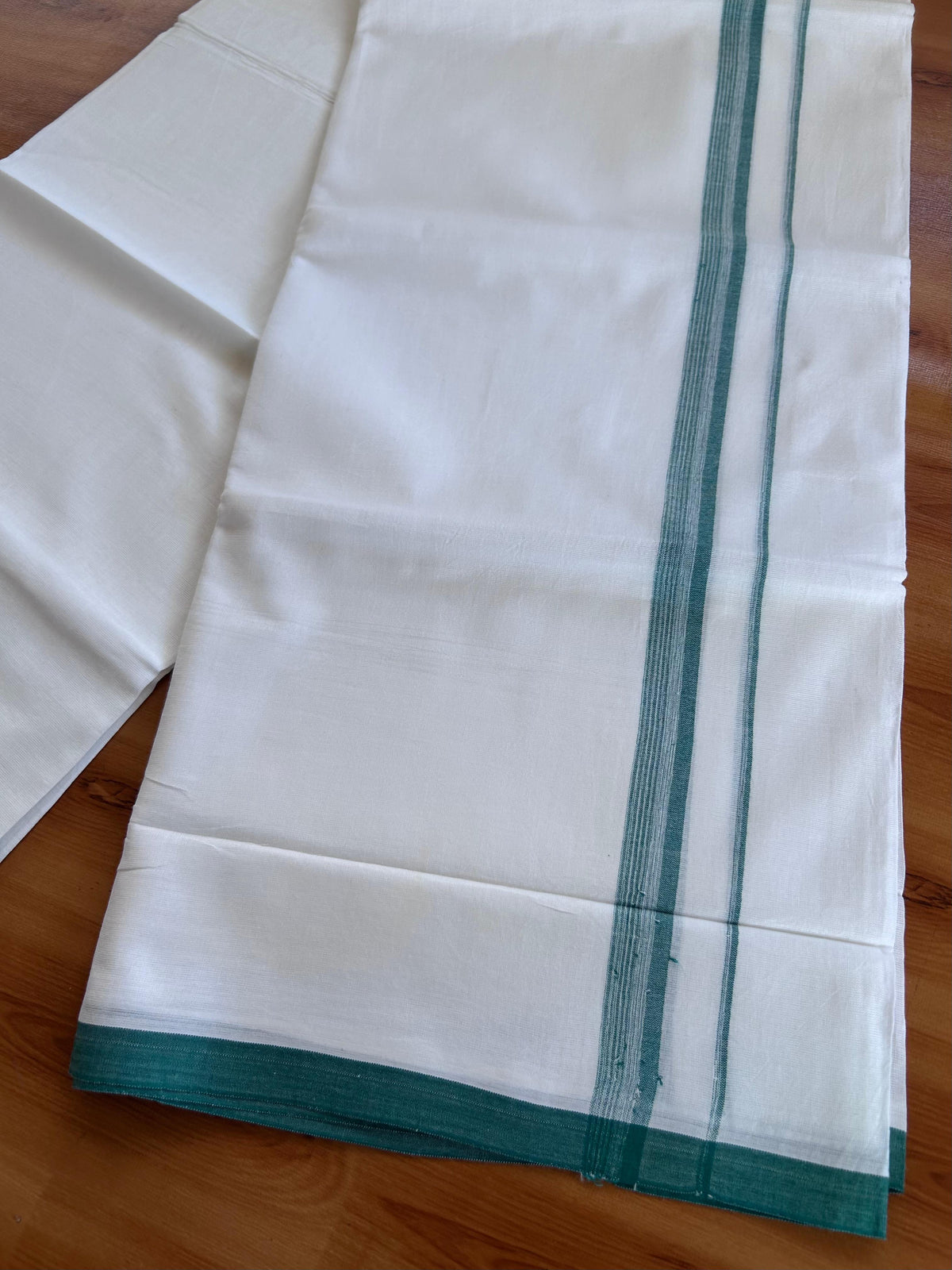 Double Pure White Mundu/Dhoti - 20% Discount !! KaithariKada 100% Cotton - (60S) - 1 inch Teal Green Shaded Striped Kara 3.75 mtr (8 muzham) - 12 KK5506 CKS