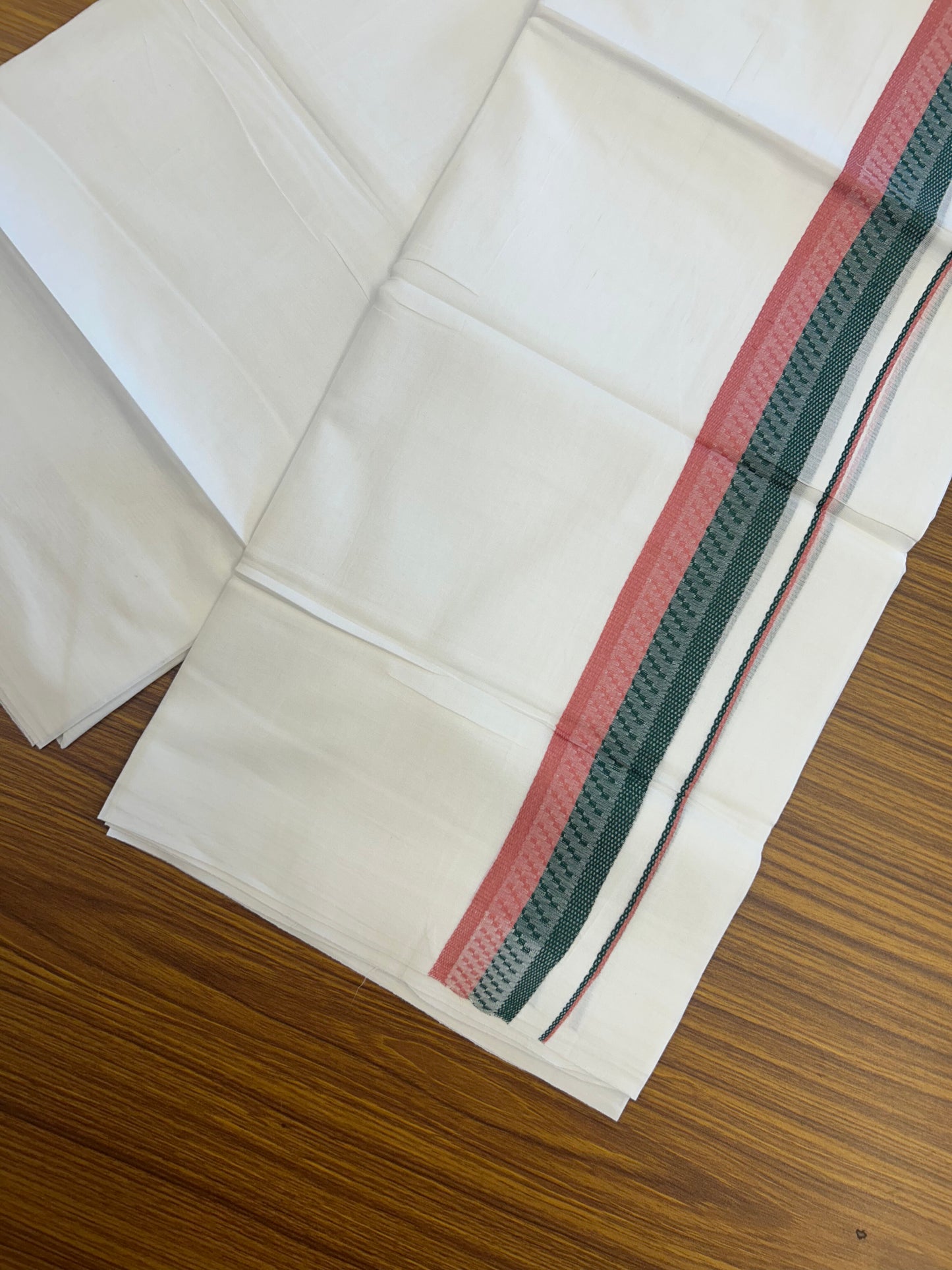 20% Discount ! Kaitharikada Balaramapuram 100% Cotton Pure White Double Mundu/Dothi - 100x80 - 1.5 inch Dark Green & Pink Design Kara 3.80 mtr (8 muzham) - 27 KK5359 THI