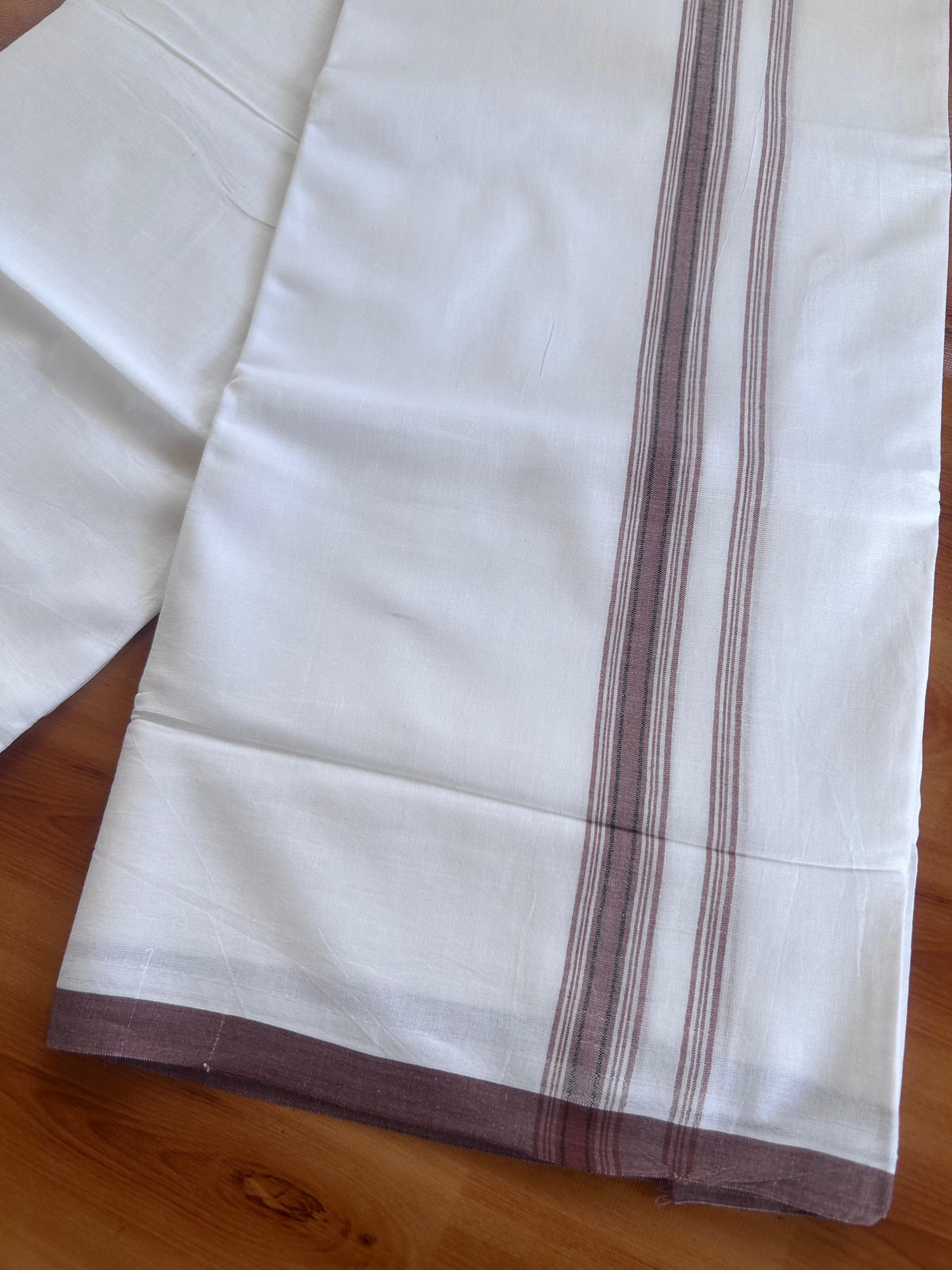 Double Pure White Mundu/Dhoti - 20% Discount !! KaithariKada 100% Cotton - (60S) - 1 inch Black & Brown Shaded Striped Kara 3.75 mtr (8 muzham) - 15 KK5506 CKS