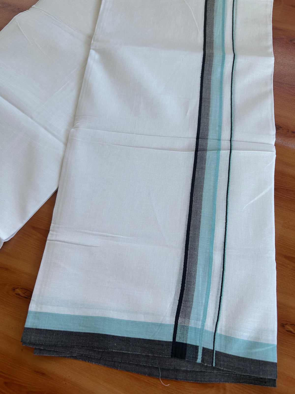 Double Pure White Mundu/Dhoti - 20% Discount !! KaithariKada 100% Cotton - (60S) - 1.25 inch Turquoise blue & Black Shaded Kara 3.75 mtr (8 muzham) - 3 KK5506 CKS