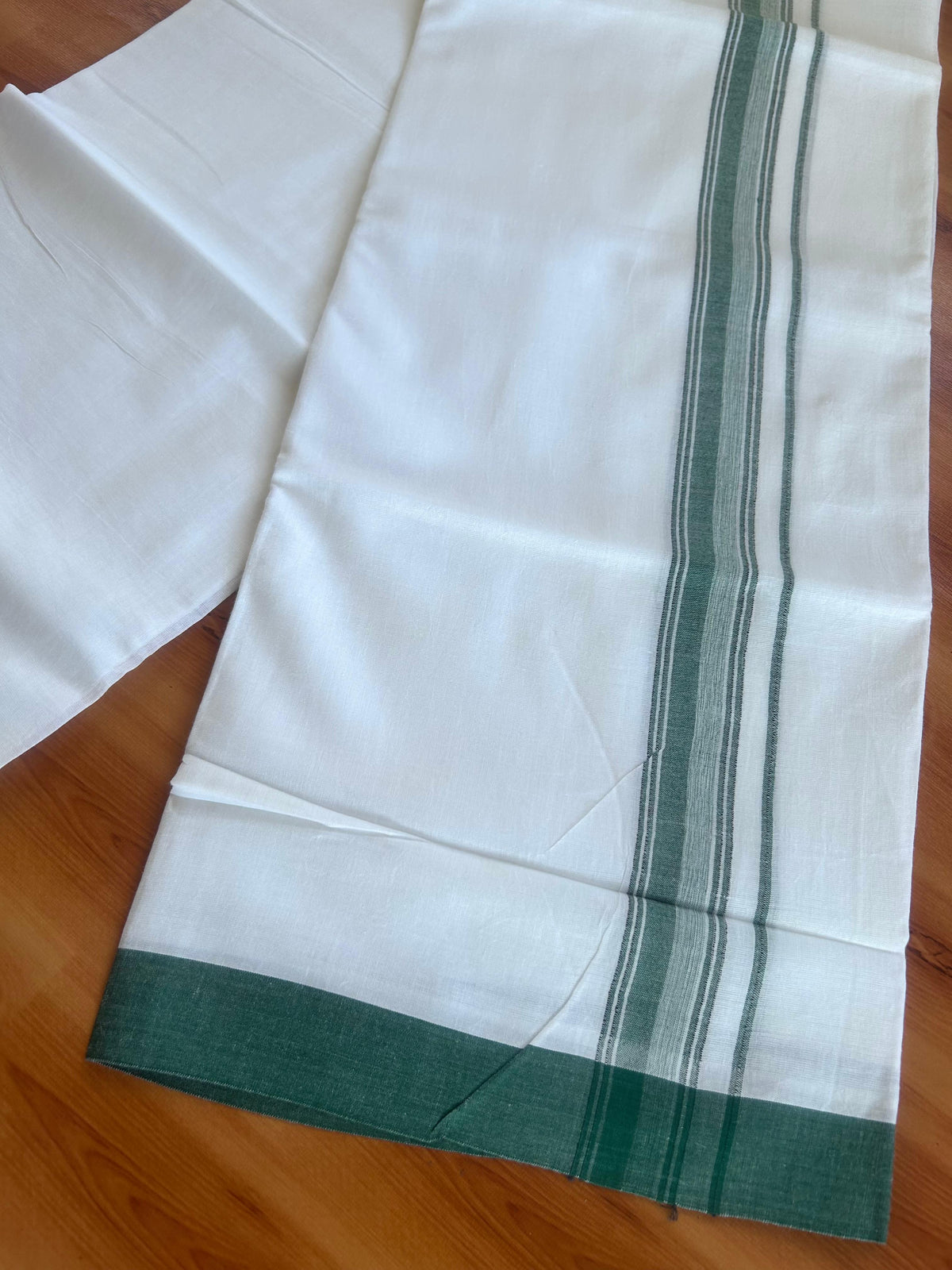 Double Pure White Mundu/Dhoti - 20% Discount !! KaithariKada 100% Cotton - (60S) - 1.25 inch Black & Green Shaded Striped Kara 3.75 mtr (8 muzham) - 17 KK5506 CKS