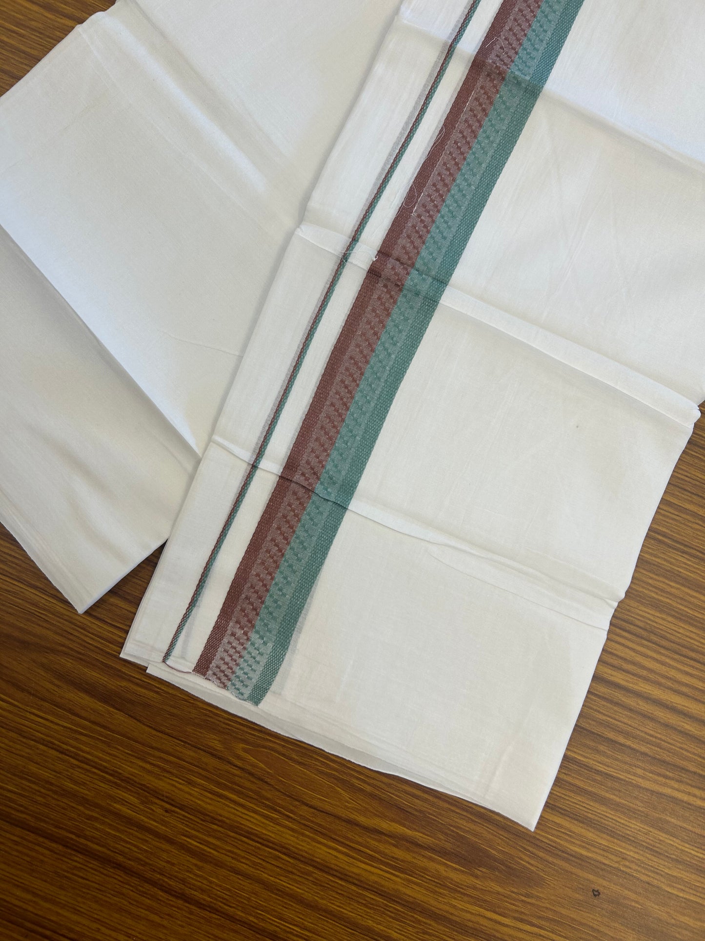 20% Discount ! Kaitharikada Balaramapuram 100% Cotton Pure White Double Mundu/Dothi - 100x80 - 1.5 inch Deep Brown & Sea Green Design Kara 3.80 mtr (8 muzham) - 20 KK5359 THI