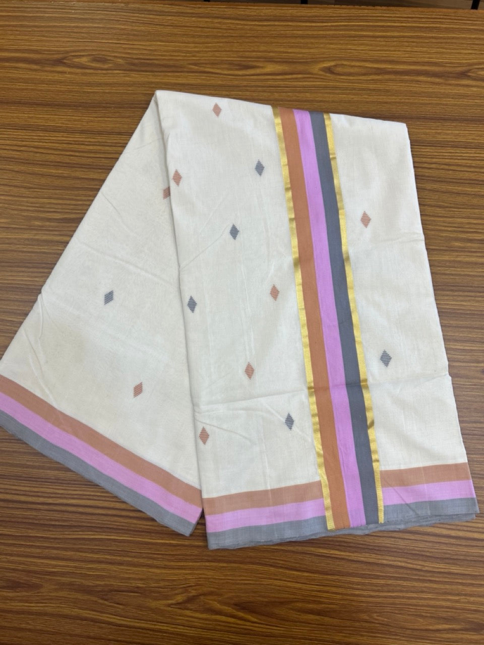 KaithariKada HANDLOOM UNAKKUPAAV Balaramapuram Kerala Saree for Women- 100% PURE Cotton With Gold Kasavu Grey Rose Pink & Brown Kara - 2 KK7154 UDA