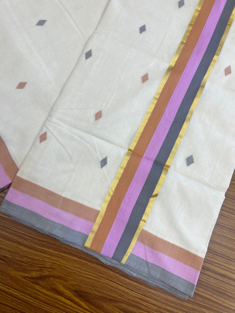 KaithariKada HANDLOOM UNAKKUPAAV Balaramapuram Kerala Saree for Women- 100% PURE Cotton With Gold Kasavu Grey Rose Pink & Brown Kara - 2 KK7154 UDA