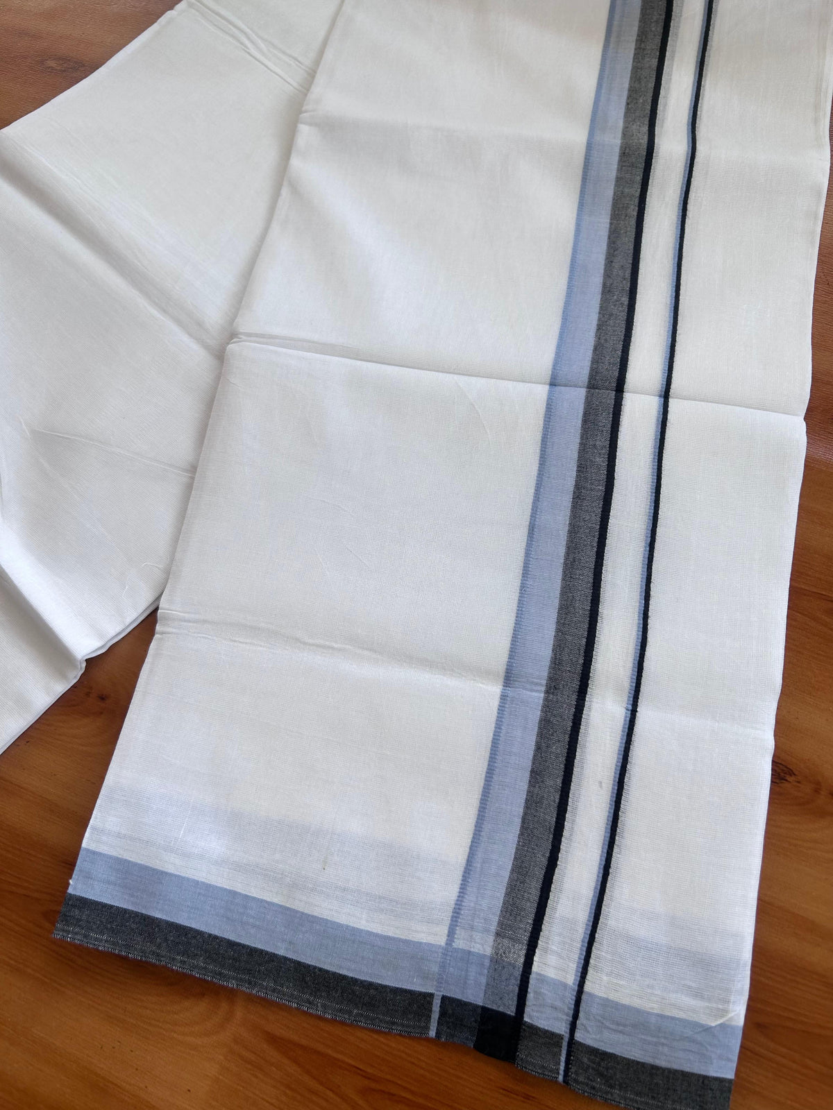 Double Pure White Mundu/Dhoti - 20% Discount !! KaithariKada 100% Cotton - (60S) - 1.25 inch Light Blue & Black Shaded Kara 3.75 mtr (8 muzham) - 7 KK5506 CKS