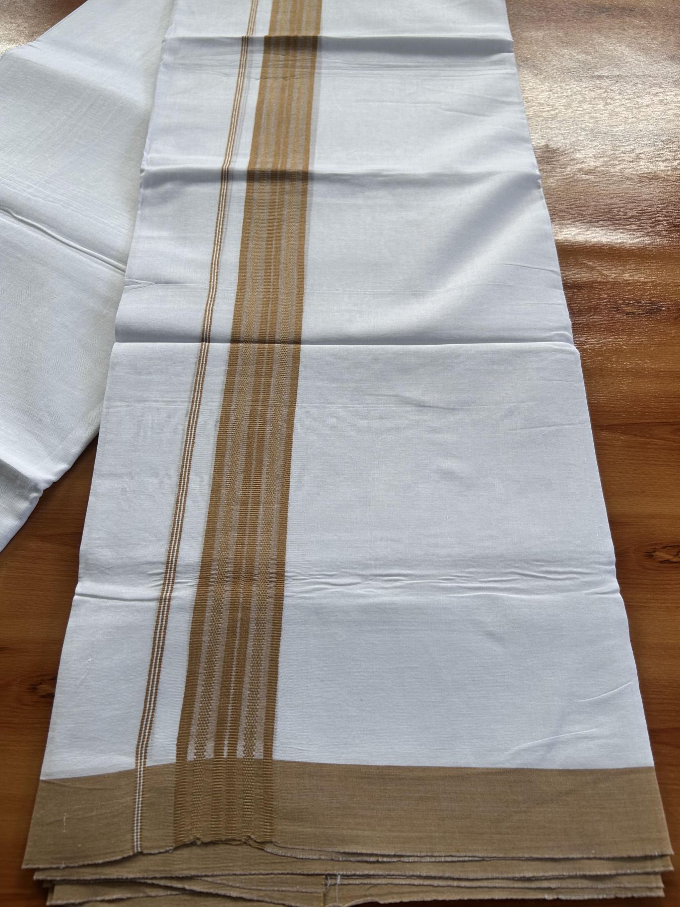 Double Pure white Mundu/Dhoti- 20% Discount! KaithariKada Balaramapuram 100% Cotton - 100X80 - 1.5 inch Brownish Yellow Shaded Striped kara - 3.90 mtr (8 muzham) - 9 KK5444 VIN