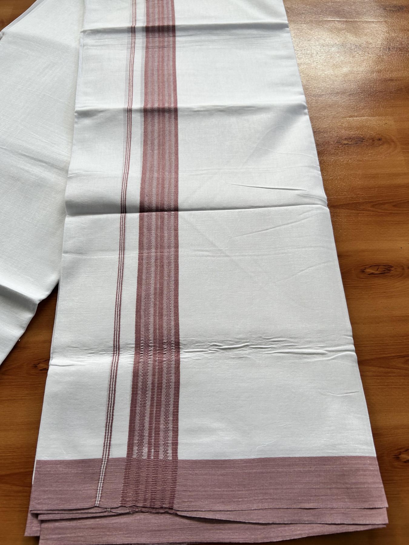 Double Pure white Mundu/Dhoti- 20% Discount! KaithariKada Balaramapuram 100% Cotton - 100X80 - 1.5 inch Dusty Rose Shaded Striped kara - 3.90 mtr (8 muzham) - 5 KK5444 VIN