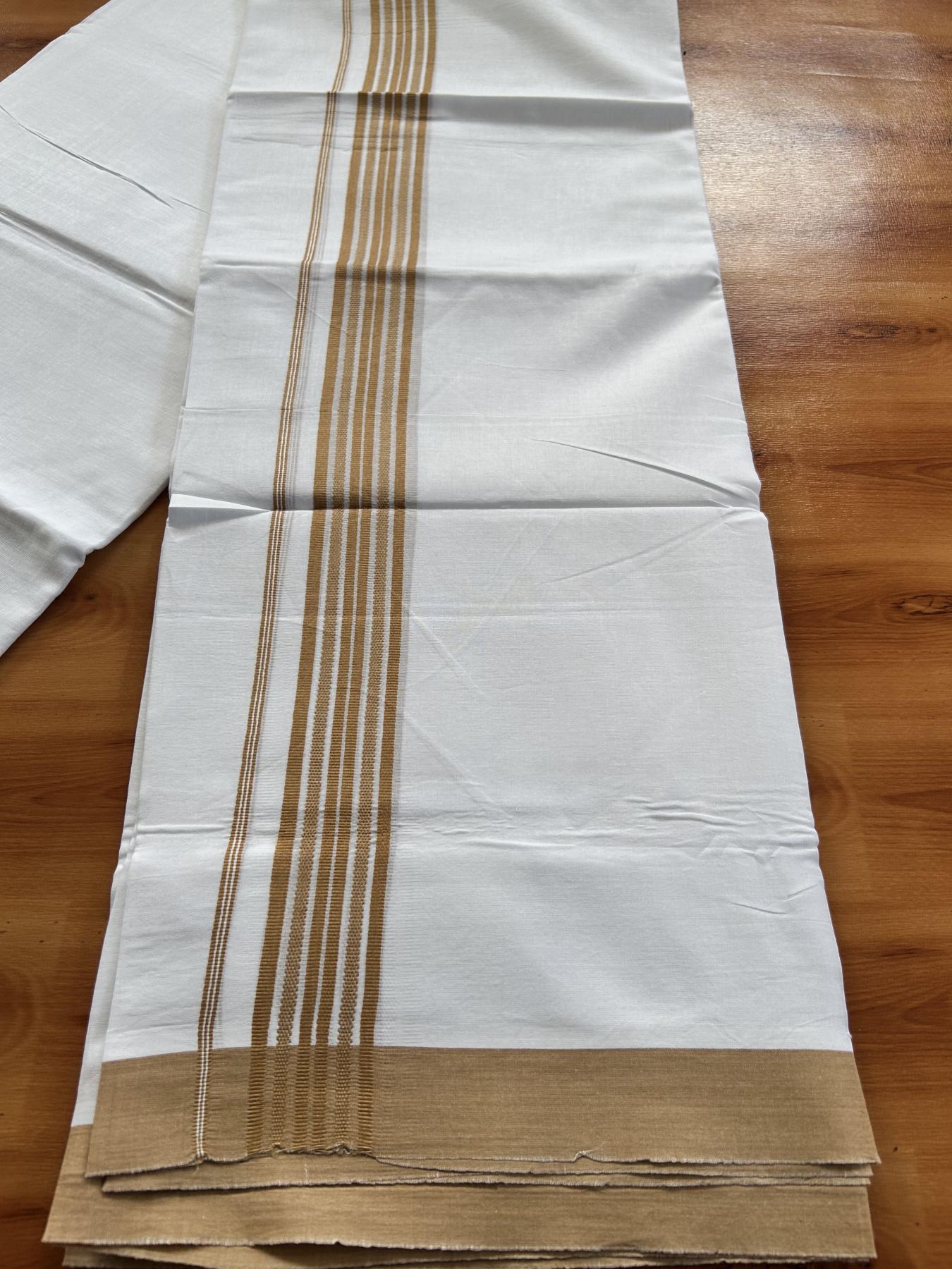 Double Pure white Mundu/Dhoti- 20% Discount! KaithariKada Balaramapuram 100% Cotton - 100X80 - 1.5 inch Brownish Yellow Shaded Striped kara - 3.90 mtr (8 muzham) - 10 KK5444 VIN