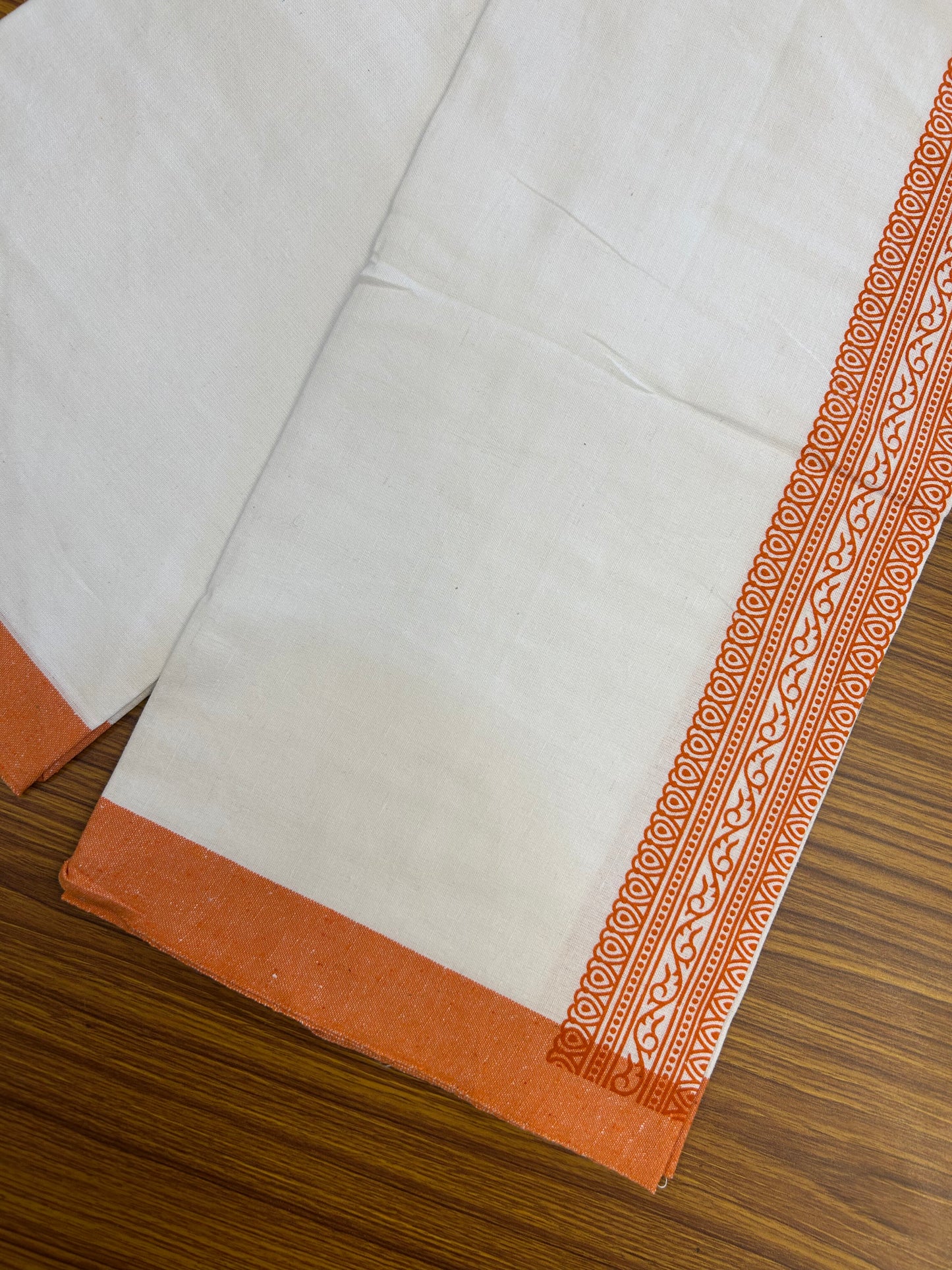 Kaitharikada - Polyster Mixed Cotton - (20s) - Pure white Single Kaily / Lungi - 2.25 inch Orange Printed Kara with White colour body (2 meter / 4 muzham) - 10 KK8047 SAT