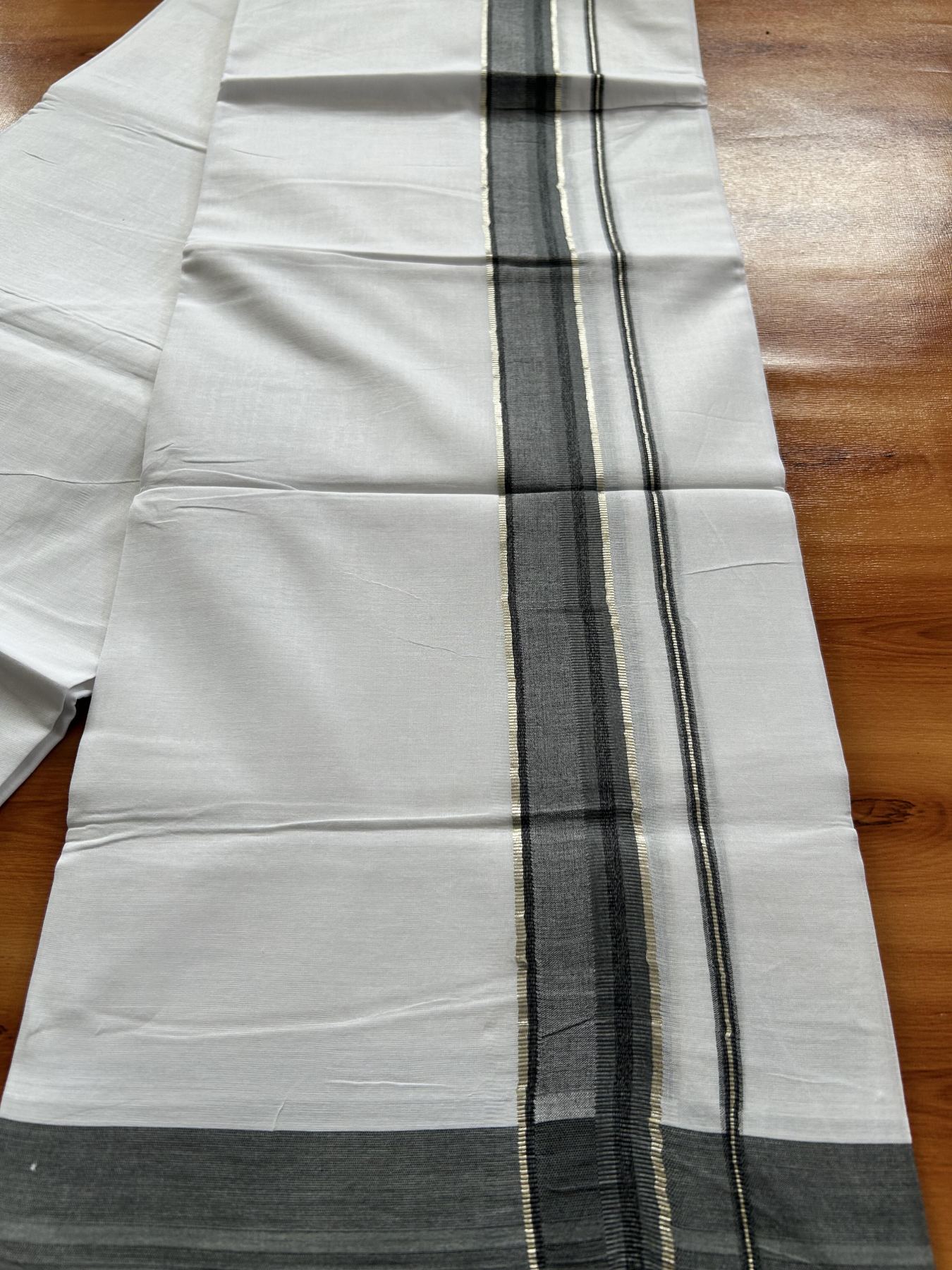 Double Pure White Mundu/Dhoti - 20% Discount ! KaithariKada Balaramapuram 100% Cotton - 100x80 - 1.5 inch Silver Kasav & Dark Ash Green & Black Shaded Striped Kara 3.90 Mtr (8 muzham) - 37 KK5444 VIN