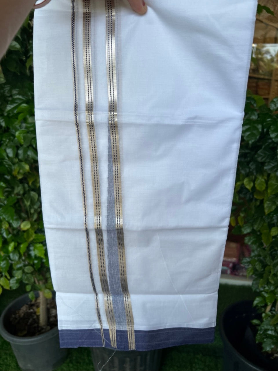 20% Discount ! Kaitharikada Balaramapuram 100% Cotton PURE WHITE DOUBLE Mundu/Dothi - 100x100 - 1.25 inch Puliyilakkara Navy Blue & Silver Kasav Stripes Chutty Kara 4 mtr (8.5 muzham) - 11KK5221 GAN