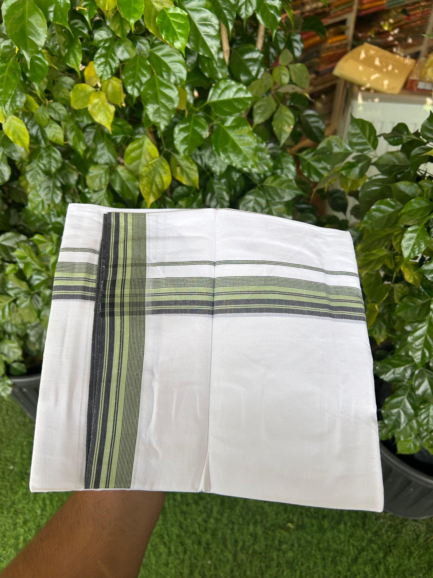20% Discount ! Kaitharikada Balaramapuram 100% Cotton Pure White Double Mundu/Dothi - 100x80 - 1.25 inch Light Green & Black Shaded Striped Kara 3.80 mtr (8 muzham) - 11 KK5359 THI