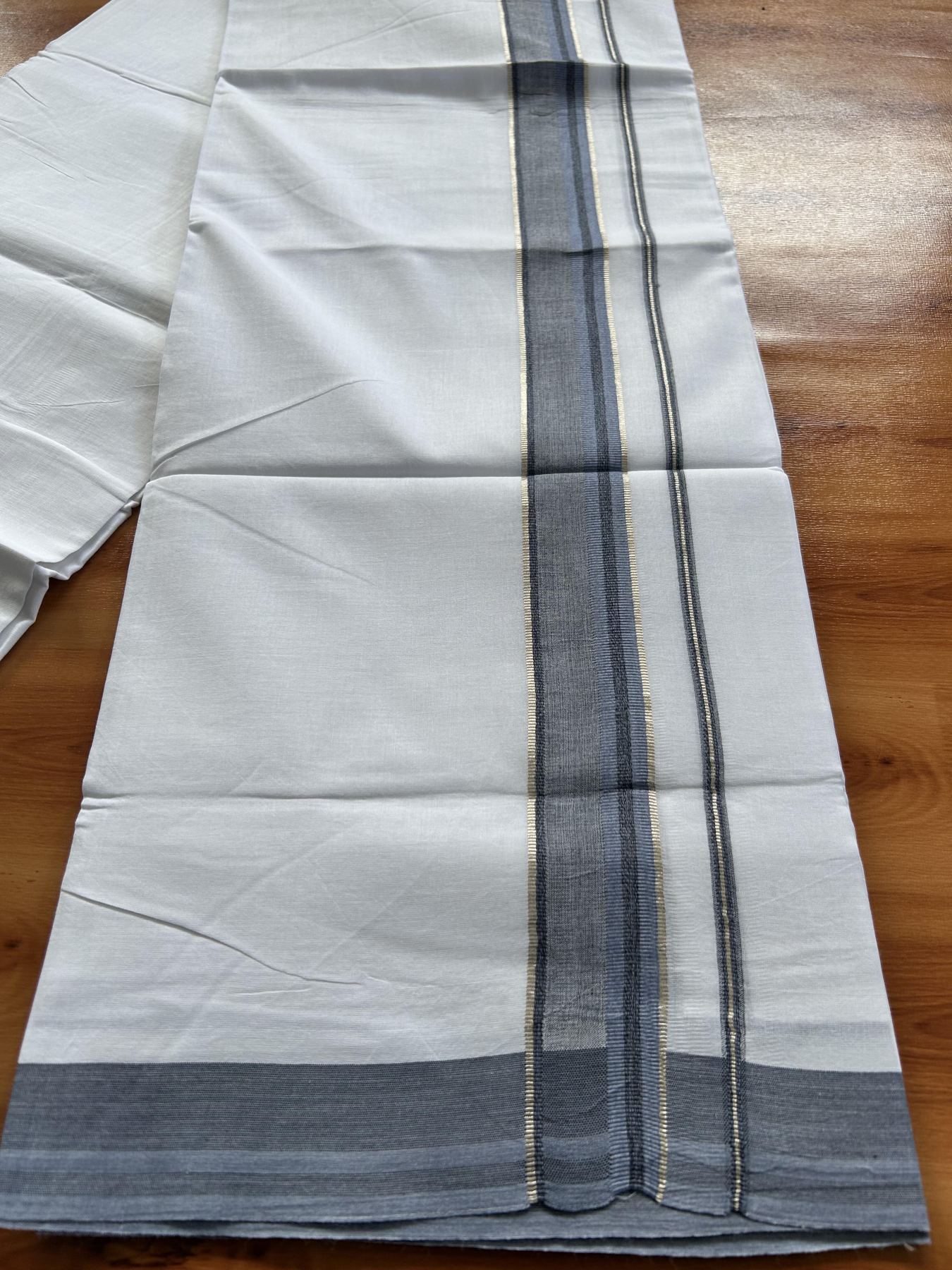 Double Pure White Mundu/Dhoti - 20% Discount ! KaithariKada Balaramapuram 100% Cotton - 100x80 - 1.5 inch Silver Kasav & Greyish Blue & Black Shaded Striped Kara 3.90 Mtr (8 muzham) - 36 KK5444 VIN