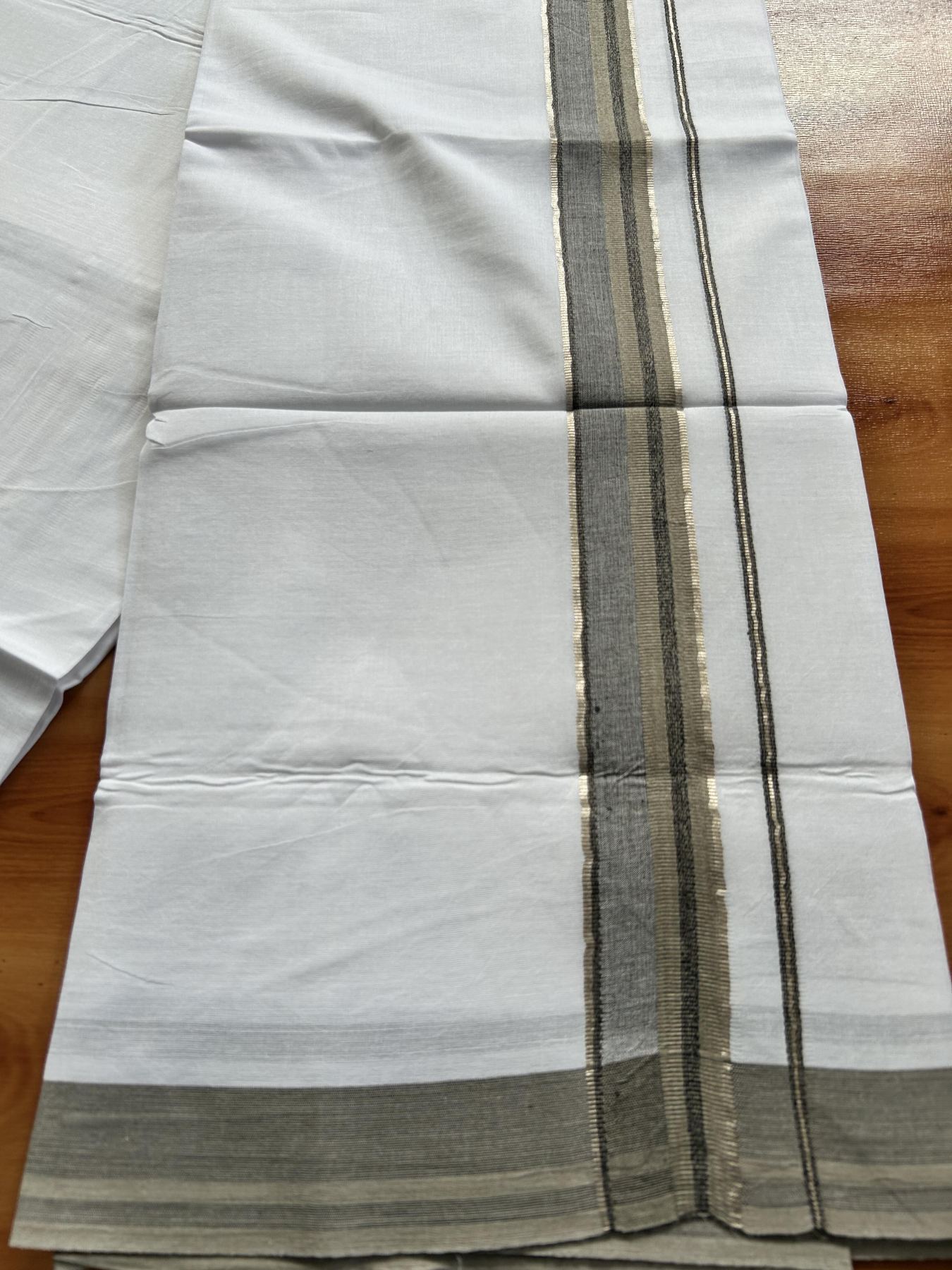 Double Pure White Mundu/Dhoti - 20% Discount ! KaithariKada Balaramapuram 100% Cotton - 100x80 - 1.5 inch Silver Kasav & Light Brown & Black Shaded Striped Kara 3.90 Mtr (8 muzham) - 39 KK5444 VIN