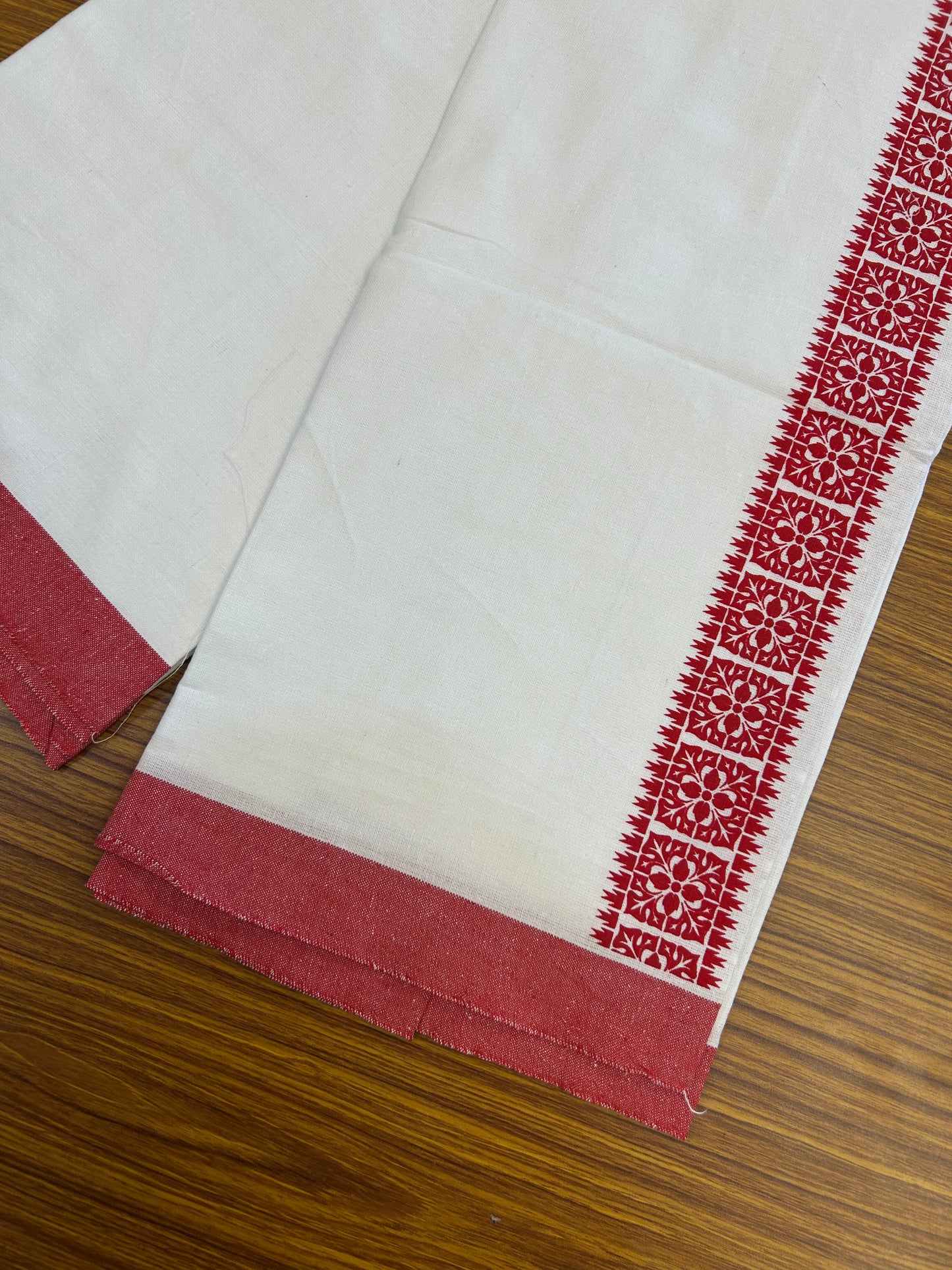 Kaitharikada - Polyster Mixed Cotton - (20s) - Pure white Single Kaily / Lungi - 2 inch Ruby Red Printed Kara with White colour body (2 meter / 4 muzham) - 9 KK8047 SAT