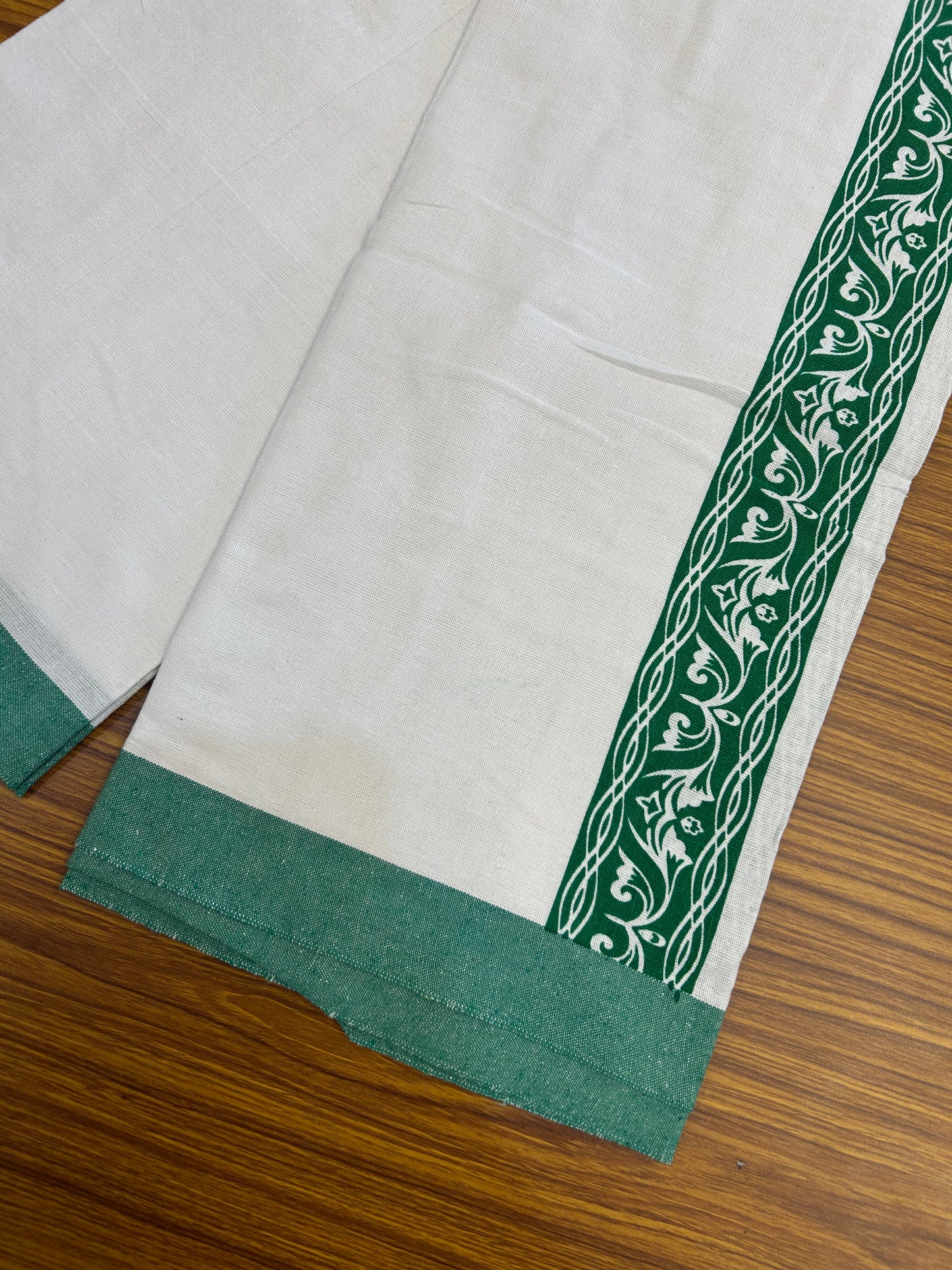 Kaitharikada - Polyster Mixed Cotton - (20s) - Pure white Single Kaily / Lungi - 2.25 inch Green Printed Kara with White colour body (2 meter / 4 muzham) - 5 KK8047 SAT