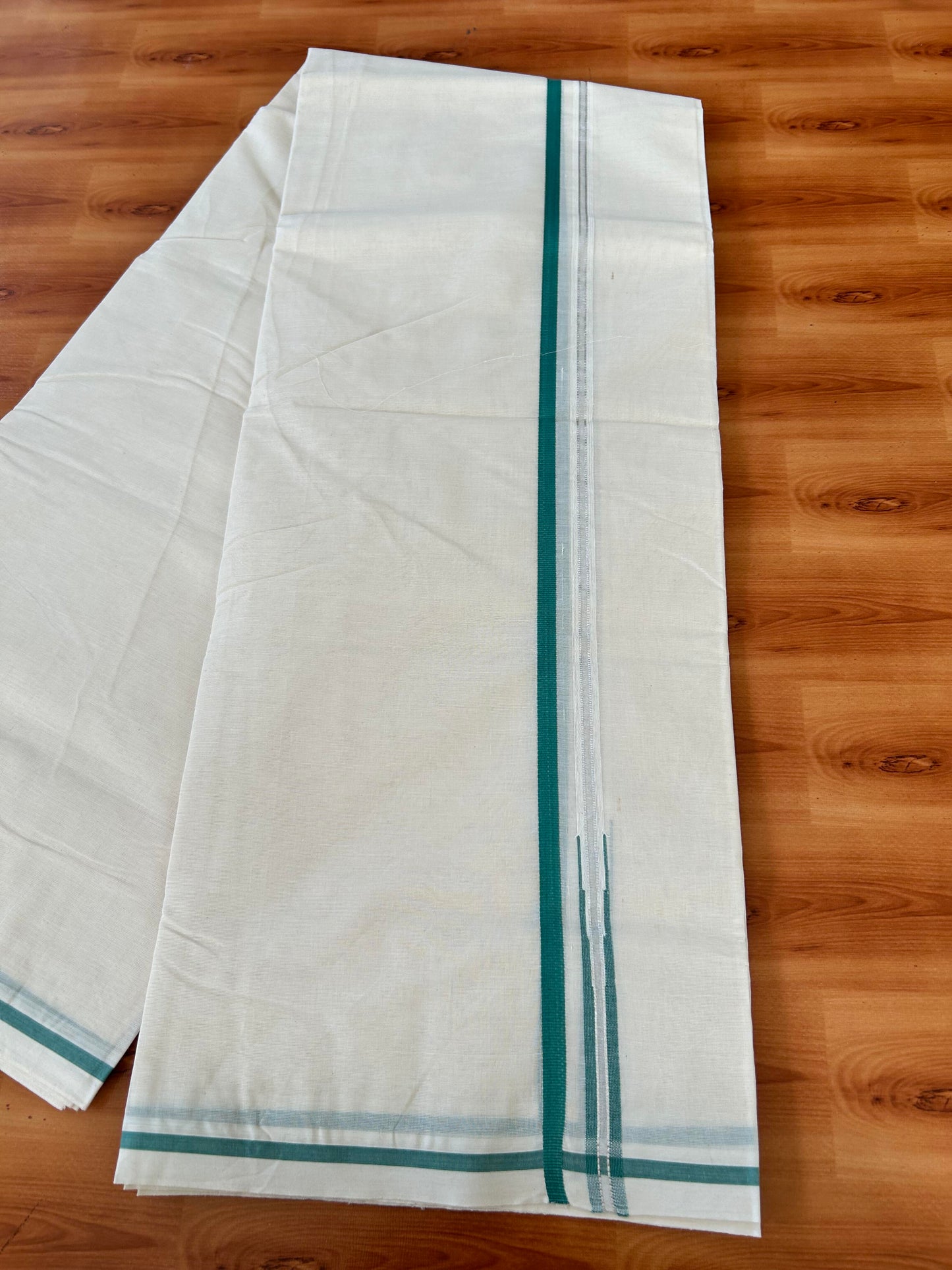 Double Off white Mundu/Dhoti - 20% Discount! KaithariKada 100% Cotton - 100x100 - 0.5 inch Puliyilakkara Silver Kasav & Teal Blue Chutty Kara 4 mtr (8.5 muzham) - 11 KK5442 ASH