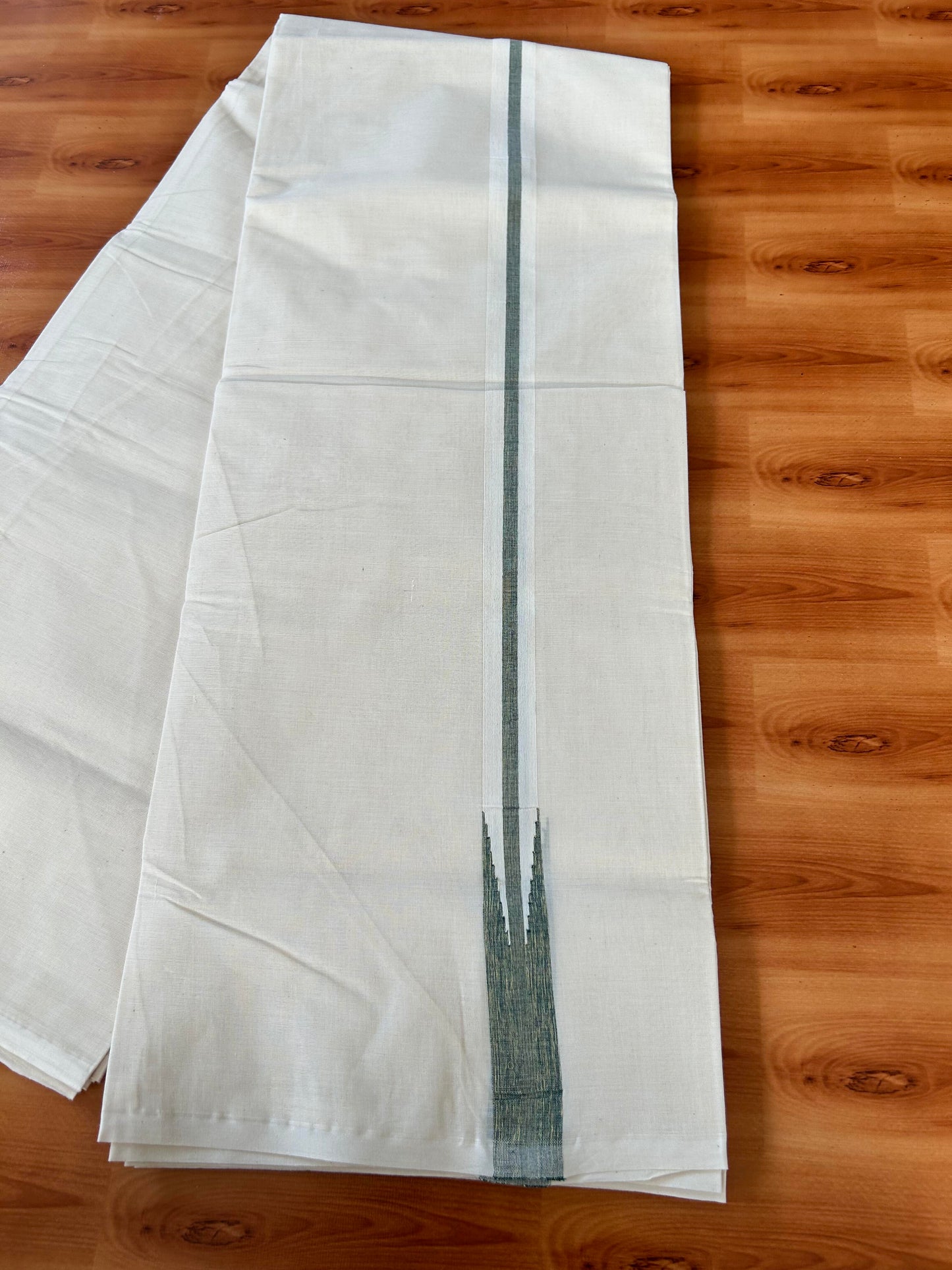 Double Off white Mundu/Dhoti - 20% Discount! KaithariKada Balaramapuram 100% Cotton - 100x100 - 1 inch Puliyilakkara Gold Kasav & Green Shaded Chutty Kara 4 mtr (8.5 muzham) - 1 KK5442 ASH