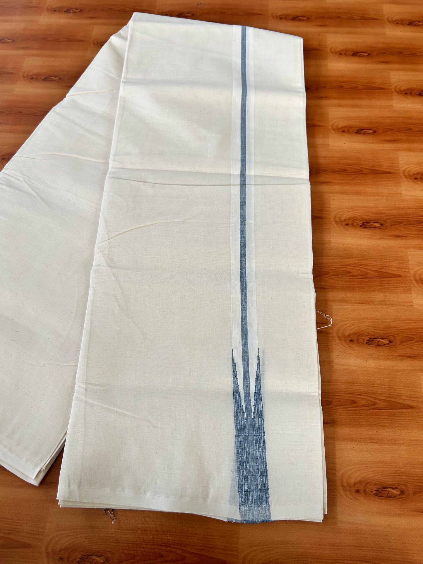 Double Off white Mundu/Dhoti - 20% Discount! KaithariKada Balaramapuram 100% Cotton - 100x100 - 1.25 inch Puliyilakkara Silver Kasav & Blue Shaded Chutty Kara 4 mtr (8.5 muzham) - 3 KK5442 ASH