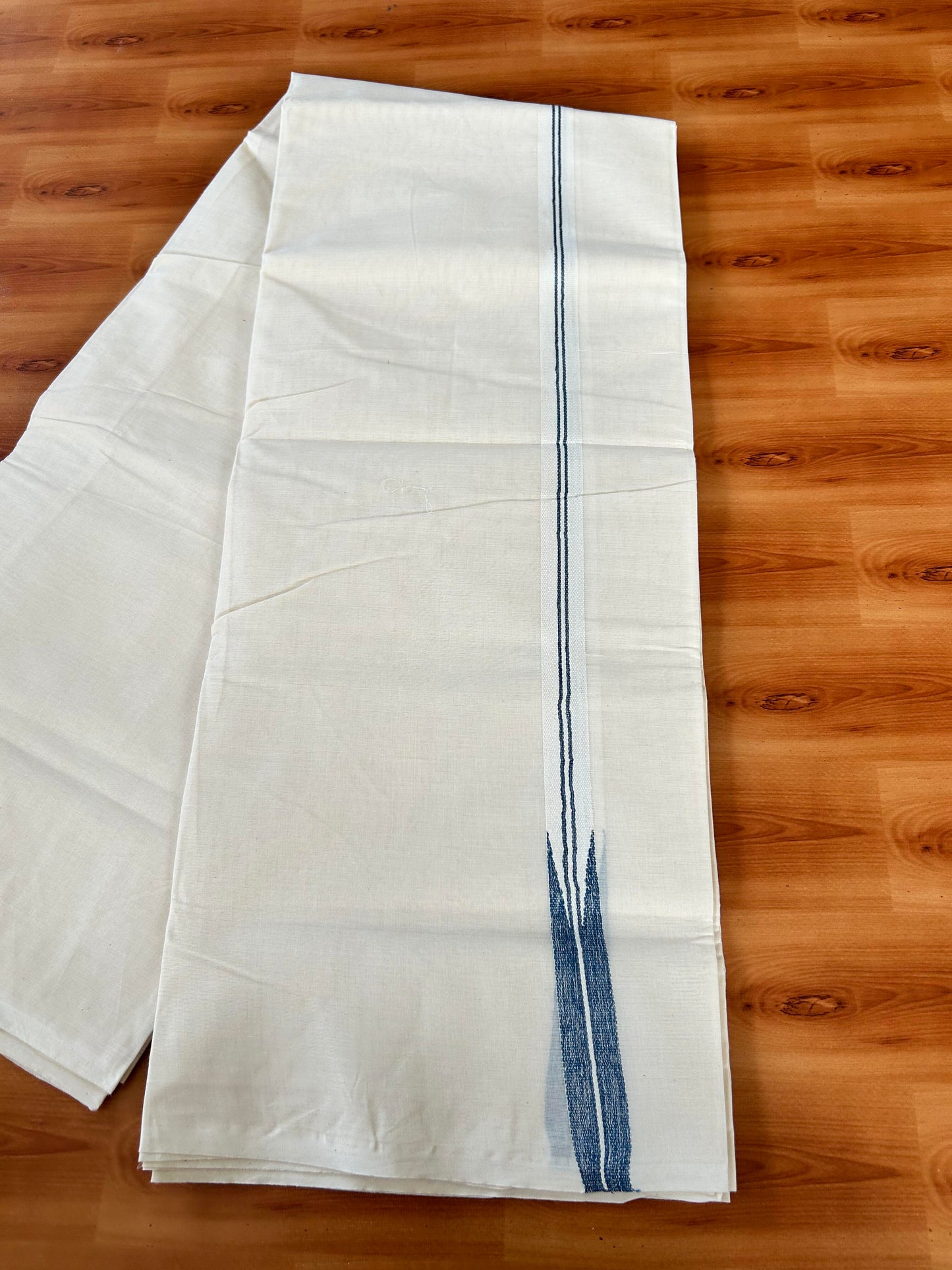 Double Off white Mundu/Dhoti - 20% Discount! KaithariKada Balaramapuram 100% Cotton - 100x100 - 1 inch Puliyilakkara Silver Kasav & Peacock Blue Shaded Chutty Kara 4 mtr (8.5 muzham) - 6 KK5442 ASH