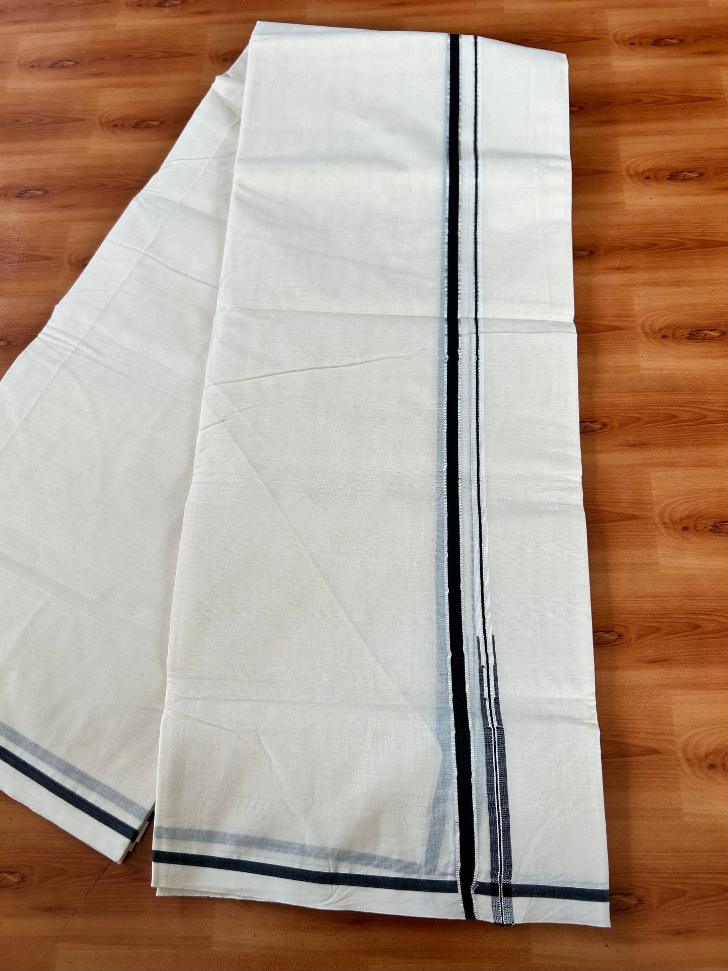 Double Off white Mundu/Dhoti - 20% Discount! KaithariKada 100% Cotton - 100x100 - 0.5 inch Puliyilakkara Silver Kasav & Black Chutty Kara 4 mtr (8.5 muzham) - 12 KK5442 ASH