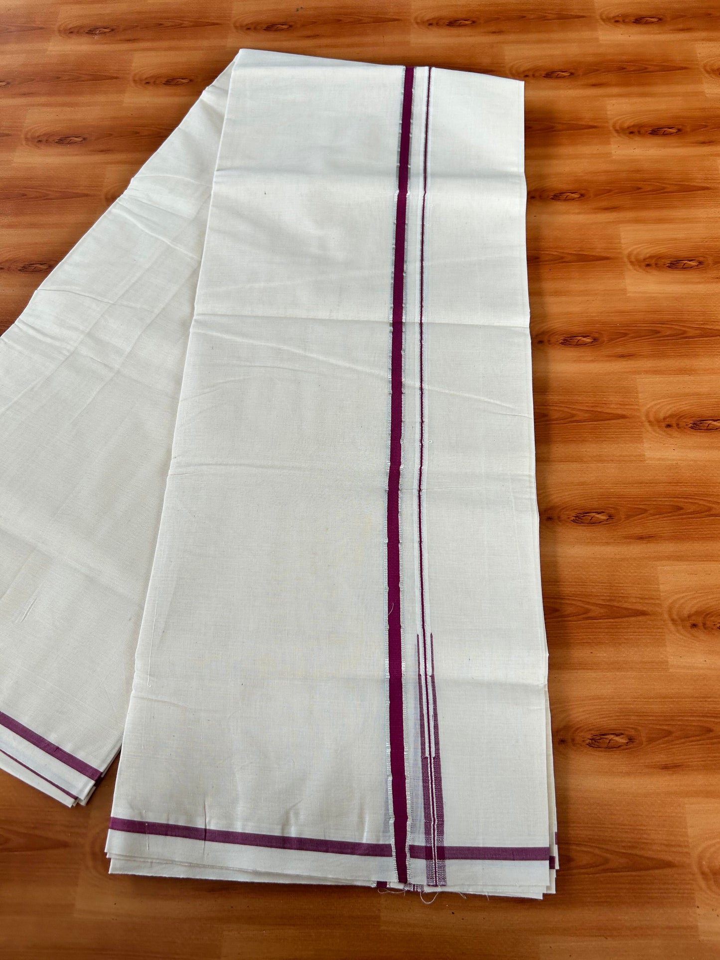 Double Off white Mundu/Dhoti - 20% Discount! KaithariKada 100% Cotton - 100x100 - 0.5 inch Puliyilakkara Silver Kasav & Magenta Chutty Kara 4 mtr (8.5 muzham) - 13 KK5442 ASH