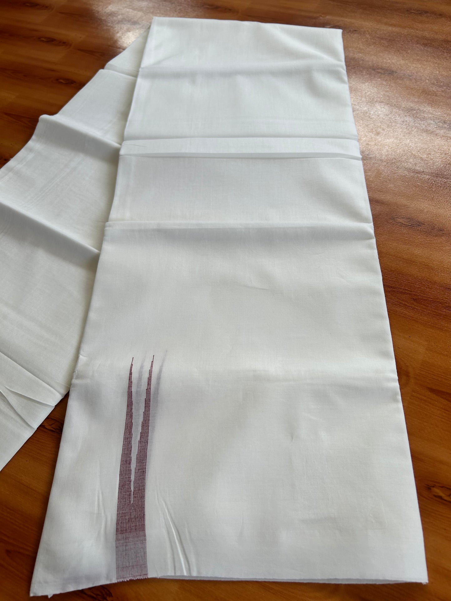 Double Pure White Mundu/Dhoti - 20% Discount !! KaithariKada Balaramapuram 100% Cotton - 100x80 - 0.5 Maroon Striped Chutty Kara 3.90 mtr (8 muzham) - 15 KK5443 VAS