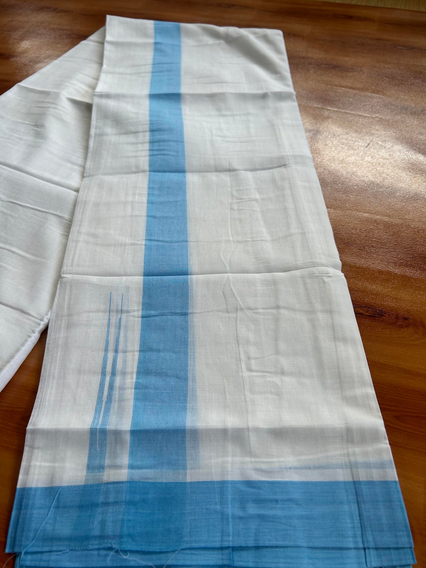 Double Pure White Mundu/Dhoti - 20% Discount !! KaithariKada Balaramapuram 100% Cotton - 100x80 - 1.5 inch Light Blue Puliyilakkara Chutty Kara 3.90 mtr (8 muzham) - 2 KK5443 VAS