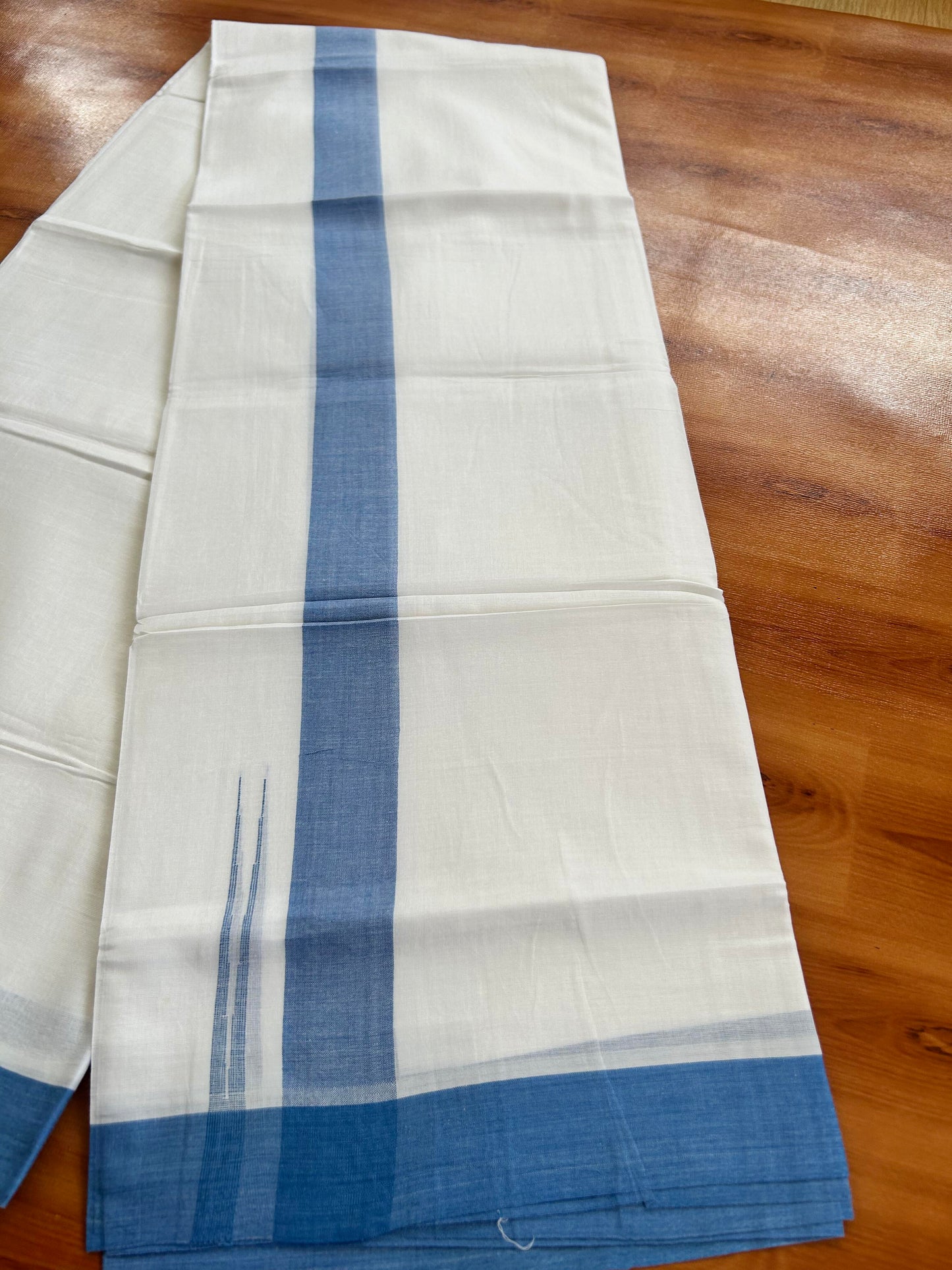 Double Pure White Mundu/Dhoti - 20% Discount !! KaithariKada Balaramapuram 100% Cotton - 100x80 - 1.5 inch Blue Puliyilakkara Chutty Kara 3.90 mtr (8 muzham) - 6 KK5443 VAS