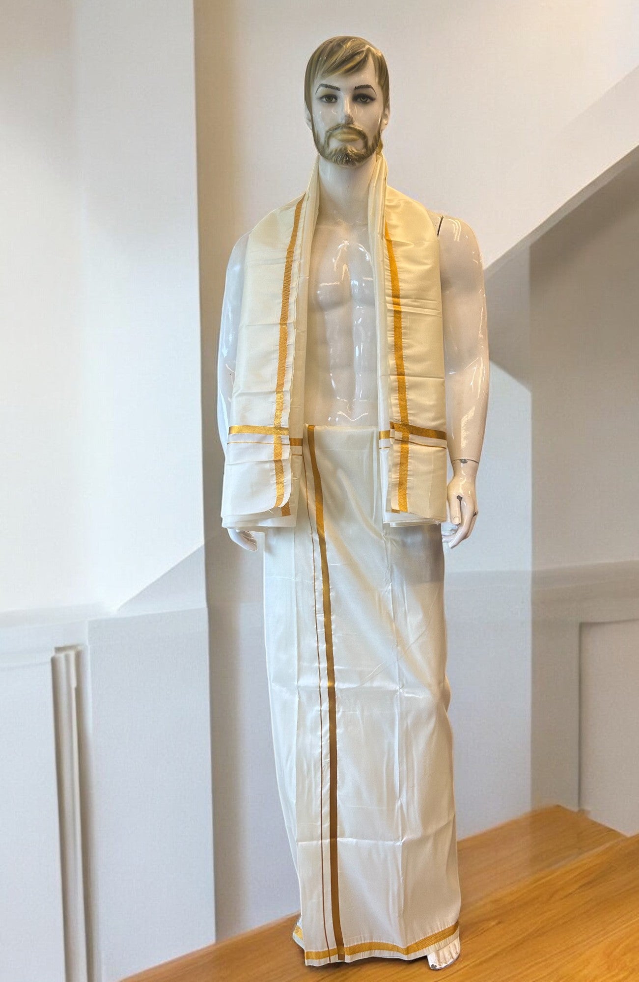 KaithariKada Balaramapuram 100% Art Silk OFF WHITE Double Mundu/Dhoti & Neriyath - 1.25inch Gold Kasavu kara - 1KK5015KAN