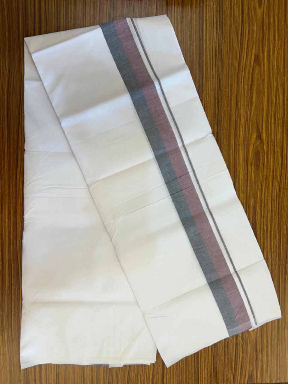 DMK Veshti - 20% Discount ! KaithariKada Balaramapuram 100% Cotton Single Pure White Mundu/Dhoti- Twisted 100s Thread - 1.75 inch Puliyilakkara Maroon & Black Shaded Kara (2 meter / 4 muzham) - 1 KK5296 ASH