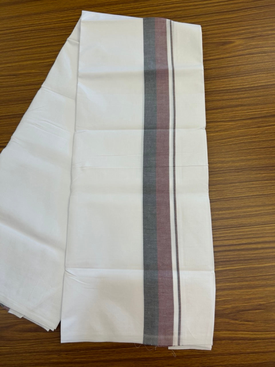 DMK Veshti - 20% Discount ! KaithariKada Balaramapuram 100% Cotton Single Pure White Mundu/Dhoti- Twisted 100s Thread - 1.75 inch Puliyilakkara Maroon & Black Shaded Kara (2 meter / 4 muzham) - 1 KK5296 ASH