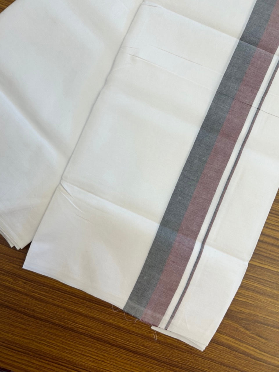 DMK Veshti - 20% Discount ! KaithariKada Balaramapuram 100% Cotton Single Pure White Mundu/Dhoti- Twisted 100s Thread - 1.75 inch Puliyilakkara Maroon & Black Shaded Kara (2 meter / 4 muzham) - 1 KK5296 ASH