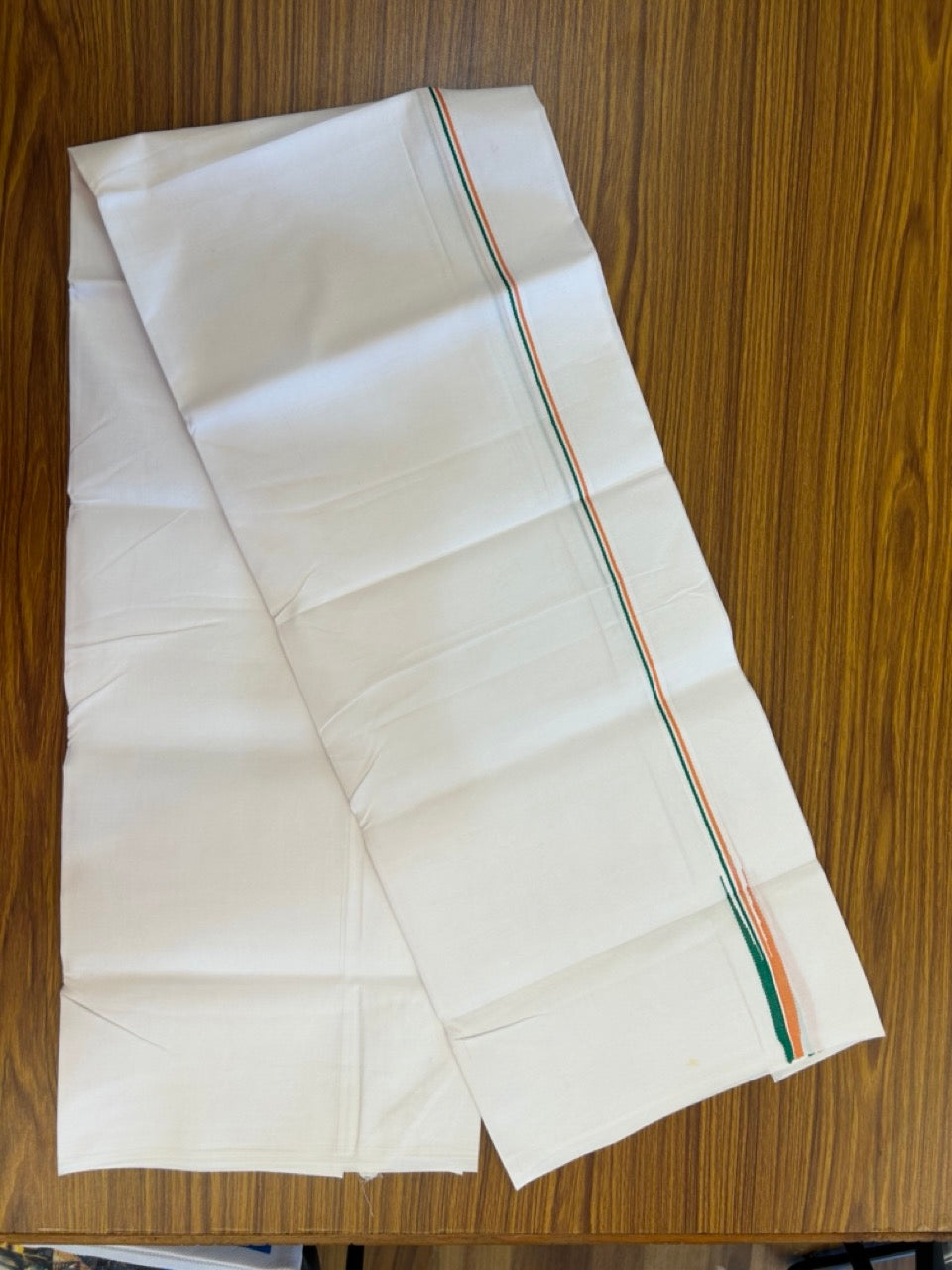 Congress Vesti - 20% Discount ! KaithariKada 100% Cotton Single Pure White Mundu/Dhoti - Twisted 100s Thread - 0.5 inch Puliyilakkara Orange White & Green Chutty Kara (2 meter / 4 muzham) - 9 KK5296 ASH