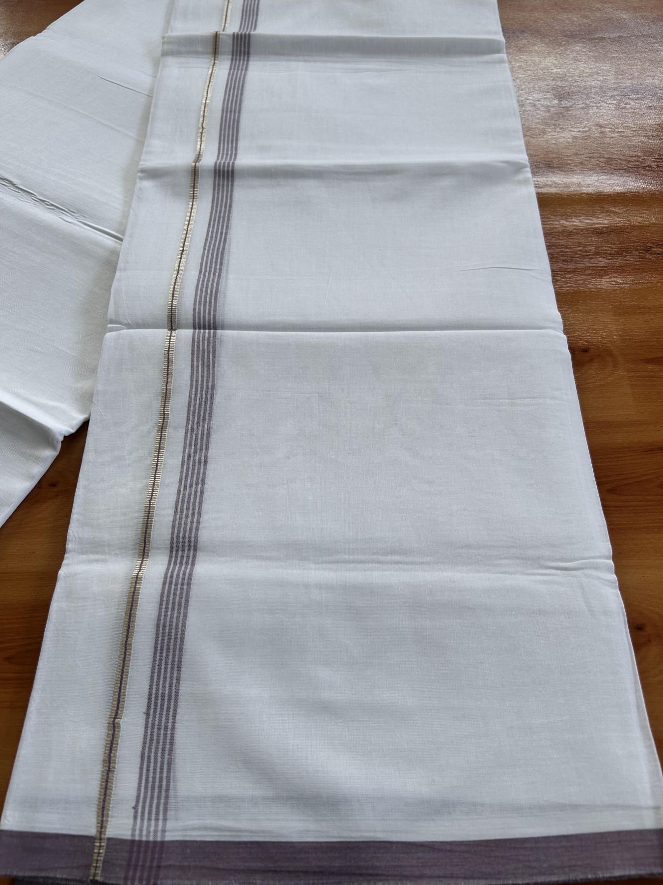Double Pure white Mundu/Dhoti- 20% Discount ! KaithariKada Balaramapuram Pure Cotton - 100x80 - 0.5 inch Silver Kasav & Greyish Purple Shaded Striped Kara - 3.90 m (8 muzham) - 34 KK5444 VIN