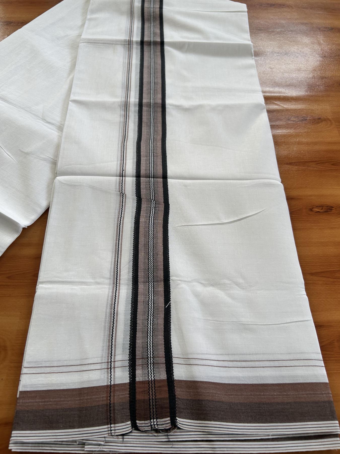 Double Pure white Mundu/Dhoti- 20% Discount! KaithariKada Balaramapuram 100% Cotton - 100X80 - 1.25 inch Peach Brown & Black Shaded Design Striped kara - 3.90 mtr (8 muzham) - 16 KK5444 VIN