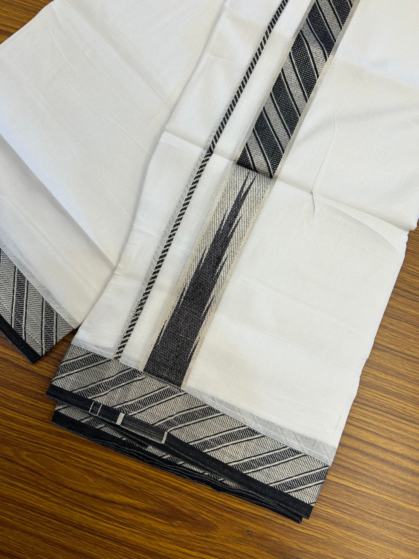 20% Discount ! KaithariKada Balaramapuram 100% Pure Cotton Double Pure White Mundu/Dhoti - 100x80 - 1.75 inch Puliyilakkara Silver Kasav & Black Jacquard Design Chutty kara 3.90 mtr (8 Muzham) - 3 KK5360 CJT