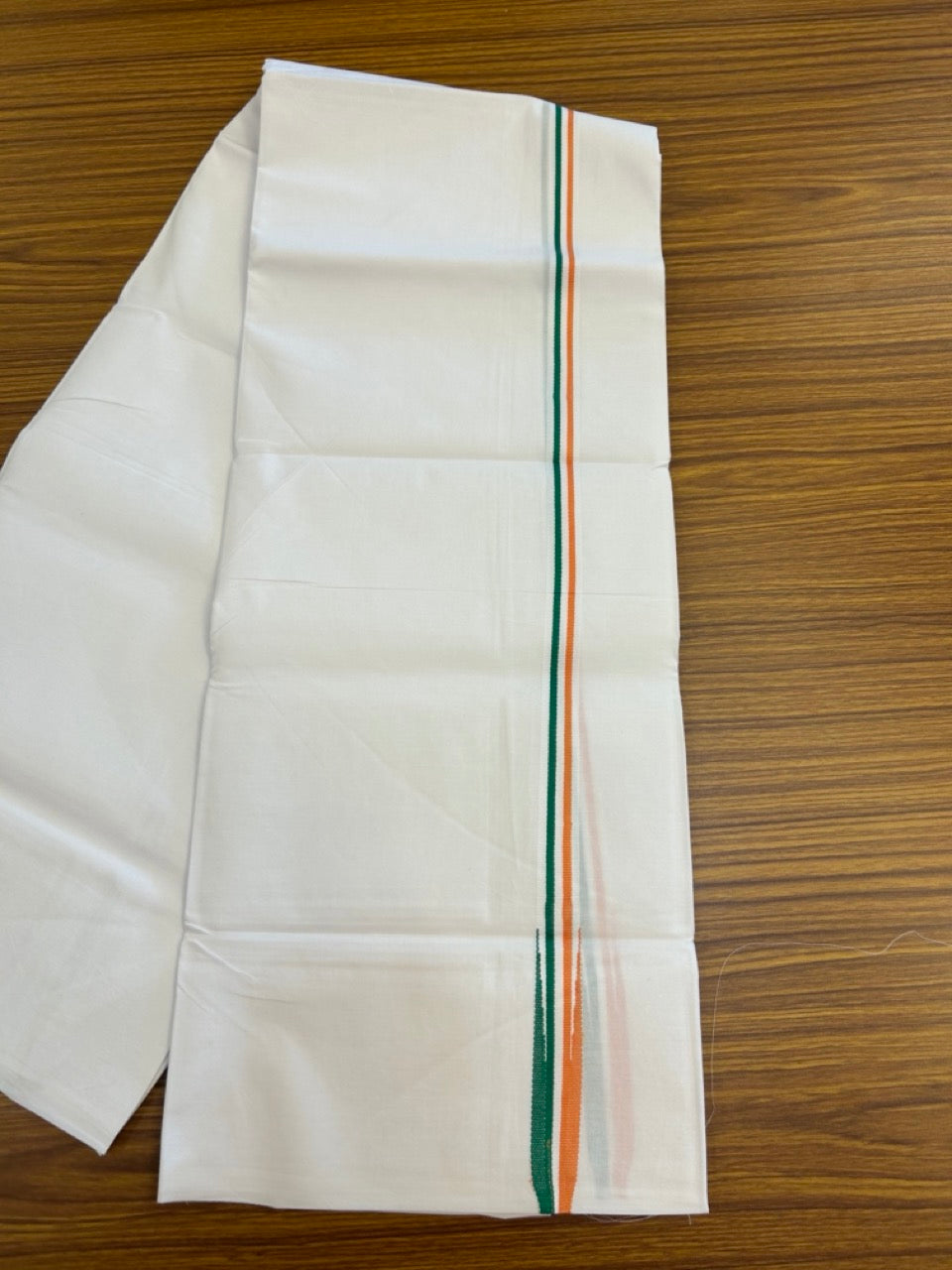 Congress Vesti - 20% Discount ! KaithariKada 100% Cotton Single Pure White Mundu/Dhoti - Twisted 100s Thread - 0.75 inch Puliyilakkara Orange White & Green Chutty Kara (2 meter / 4 muzham) - 10 KK5296 ASH