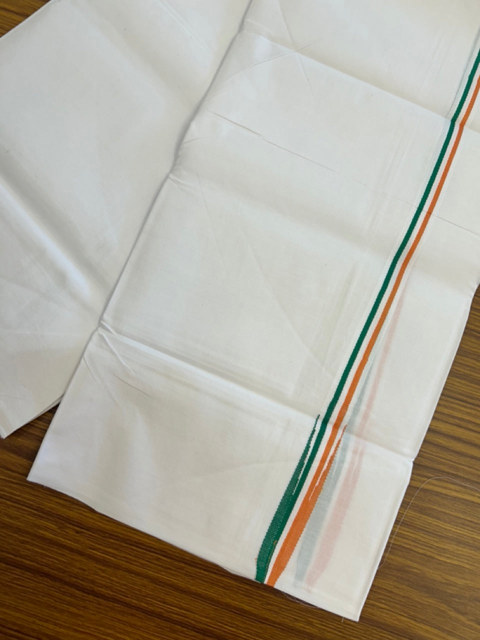 Congress Vesti - 20% Discount ! KaithariKada 100% Cotton Single Pure White Mundu/Dhoti - Twisted 100s Thread - 0.75 inch Puliyilakkara Orange White & Green Chutty Kara (2 meter / 4 muzham) - 10 KK5296 ASH