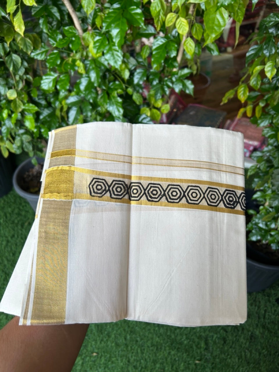 22% Discount!! KaithariKada Balaramapuram 100% Cotton DOUBLE OFF WHITE - (Ubleached) Mundu/Dhoti - 80x90 - 1.5 inch Gold Kasavu with Black Printed Design Kara - 21KK5219 GAN