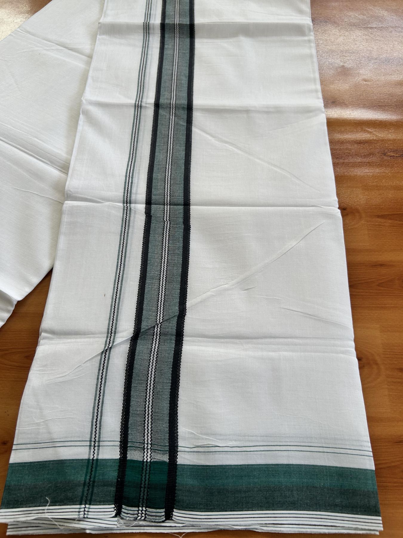 Double Pure white Mundu/Dhoti- 20% Discount! KaithariKada Balaramapuram 100% Cotton - 100X80 - 1.25 inch Light Green & Black Shaded Design Striped kara - 3.90 mtr (8 muzham) - 13 KK5444 VIN