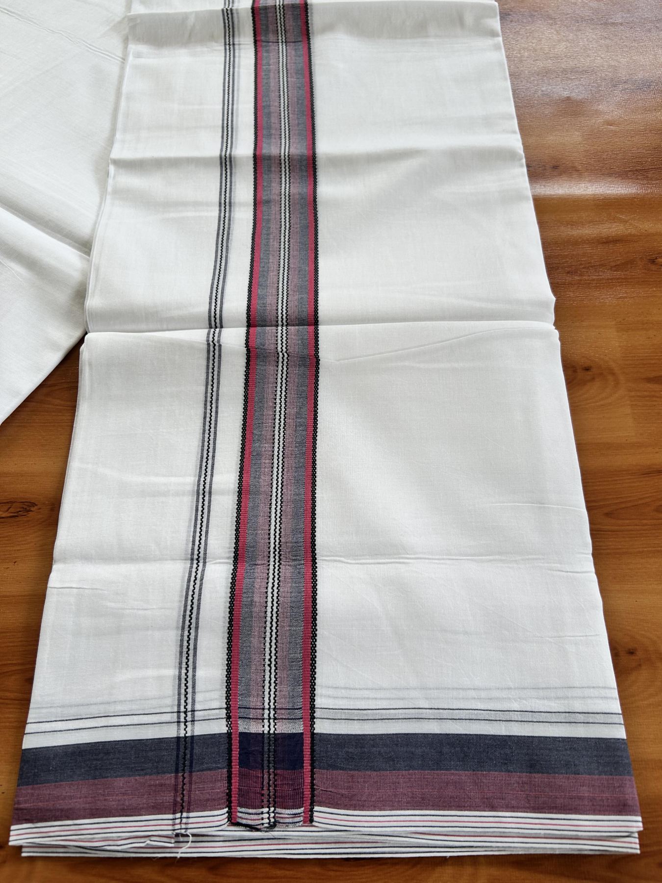 Double Pure white Mundu/Dhoti- 20% Discount! KaithariKada Balaramapuram 100% Cotton - 100X80 - 1.25 inch Pinkish Magenta & Black Shaded Design Striped kara - 3.90 mtr (8 muzham) - 19 KK5444 VIN