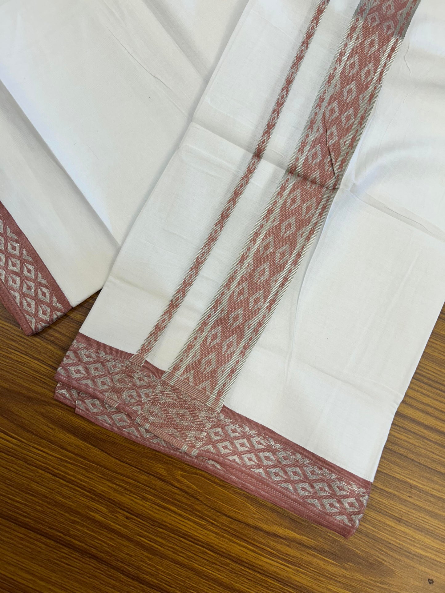 20% Discount ! KaithariKada Balaramapuram 100% Pure Cotton Single Pure White Mundu/Dhoti - 70X30 - 1.5 inch Silver Kasav & Peach Pink Jacquard Design kara 1.90 mtr (4 Muzham) - 4 KK5360 CJT