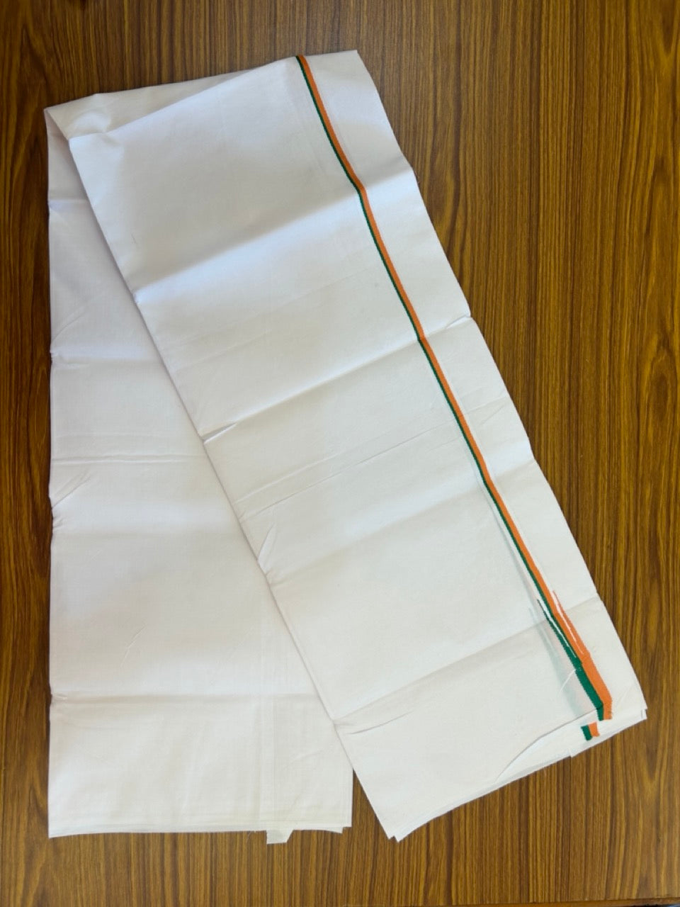 BJP VESHTI - 20% DISCOUNT! KaithariKada 100% Cotton Single Pure white - Mundu/Dhoti - Twisted 100s Thread - 0.5 inch Puliyilakkara Orange & Green Chutty Kara - (2 meter / 4 muzham) - 11 KK5296 ASH