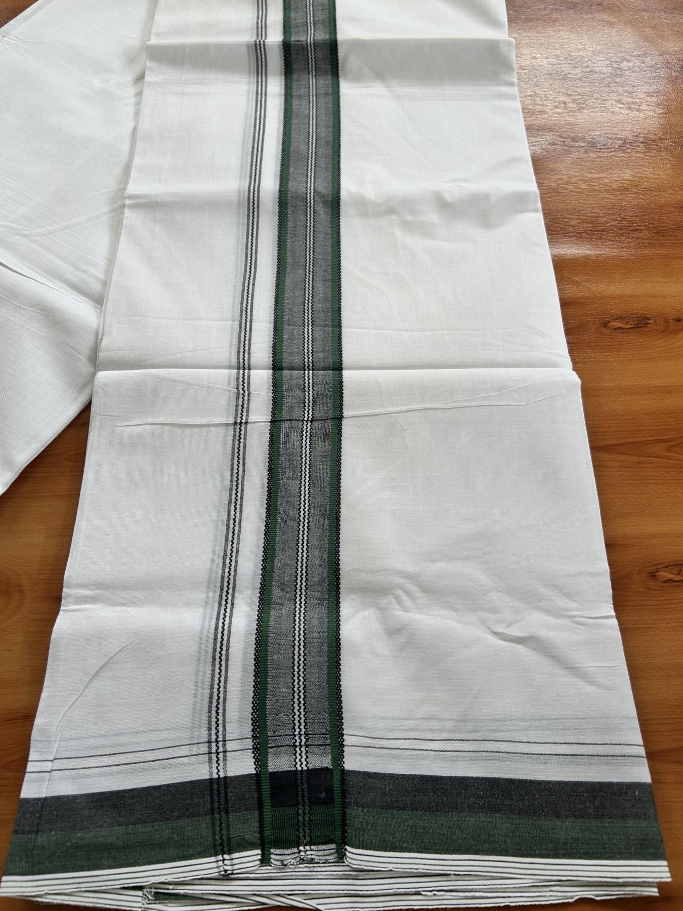 Double Pure white Mundu/Dhoti- 20% Discount! KaithariKada Balaramapuram 100% Cotton - 100X80 - 1.25 inch Light Green & Black Shaded Design Striped kara - 3.90 mtr (8 muzham) - 12 KK5444 VIN